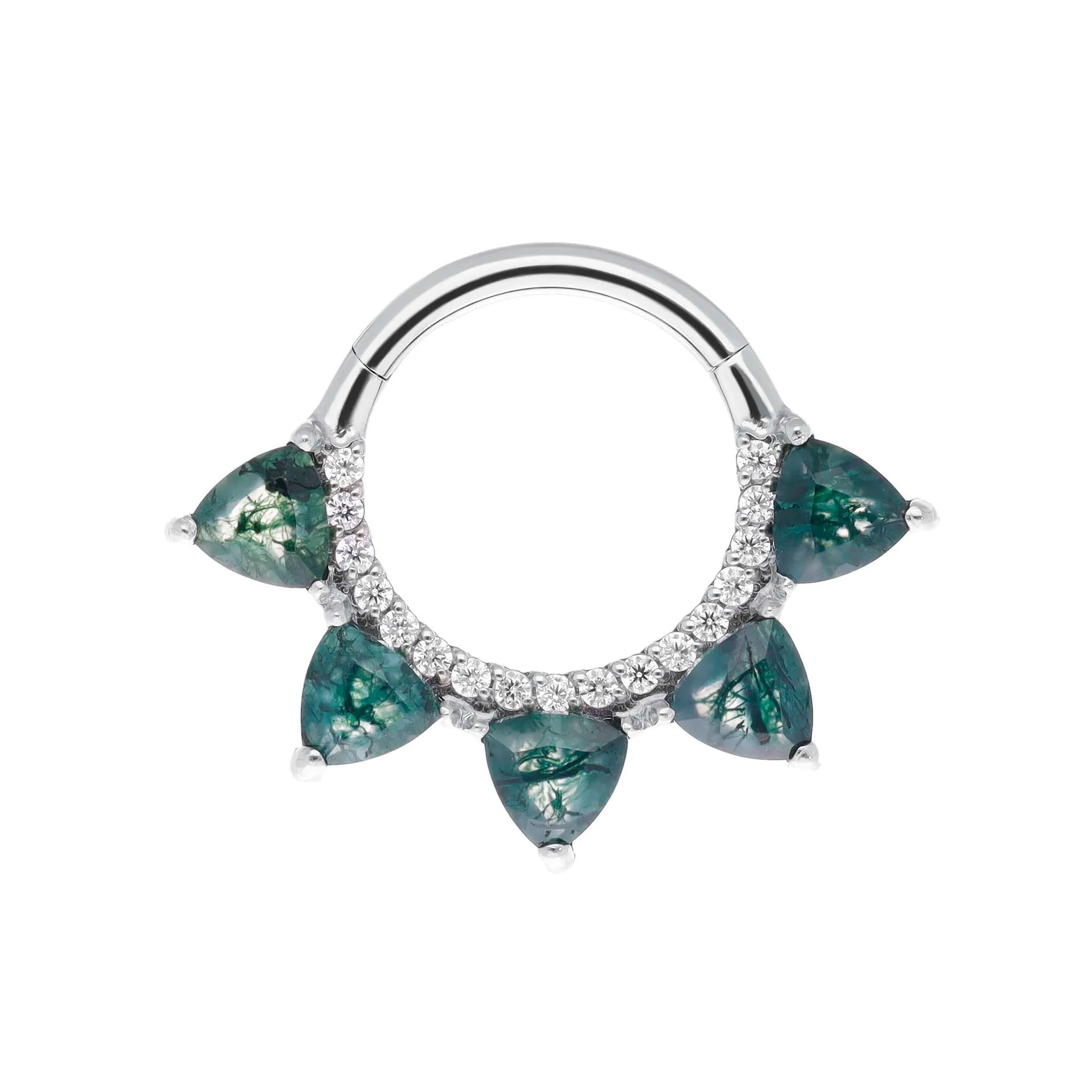 Lucy - Moss Agate titanium F-136 hinged ring, front and side view