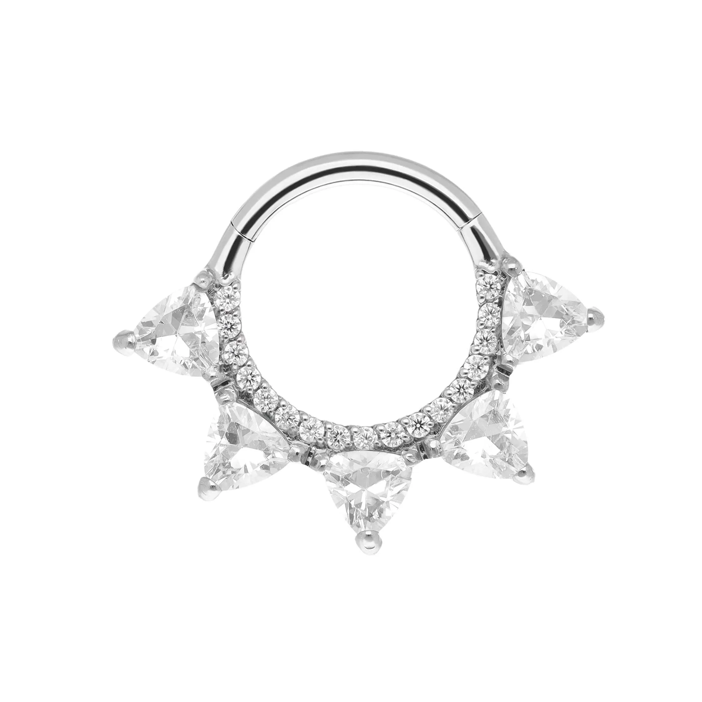 Lucy - White CZ titanium F-136 hinged ring, front and side view