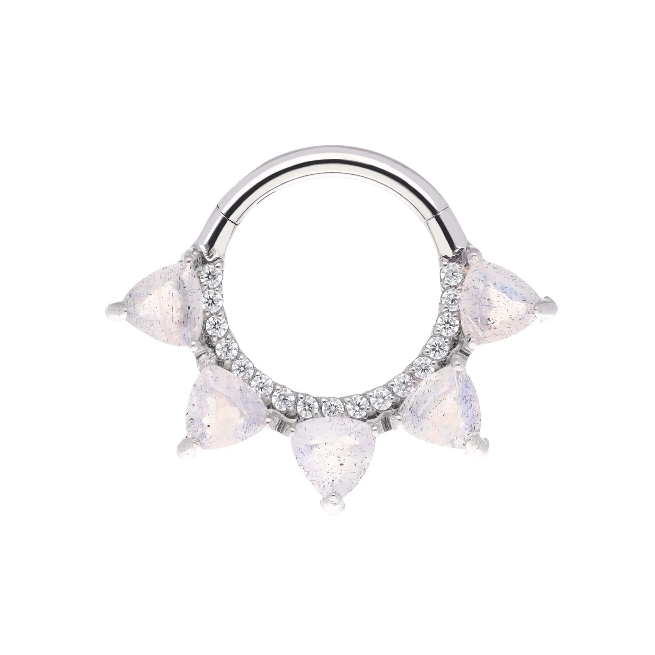 Lucy - Labradorite titanium F-136 hinged ring, front and side view