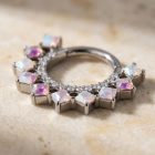 Capu Aurora Borealis (AB) CZ titanium clicker ring, close-up of the stones