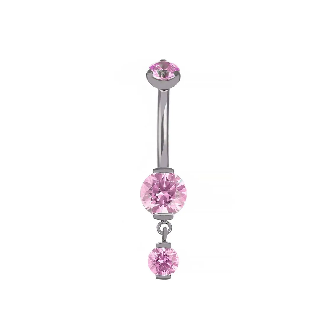 Susie - Purplish Pink Swarovski titanium F-136 belly bar, front and side view