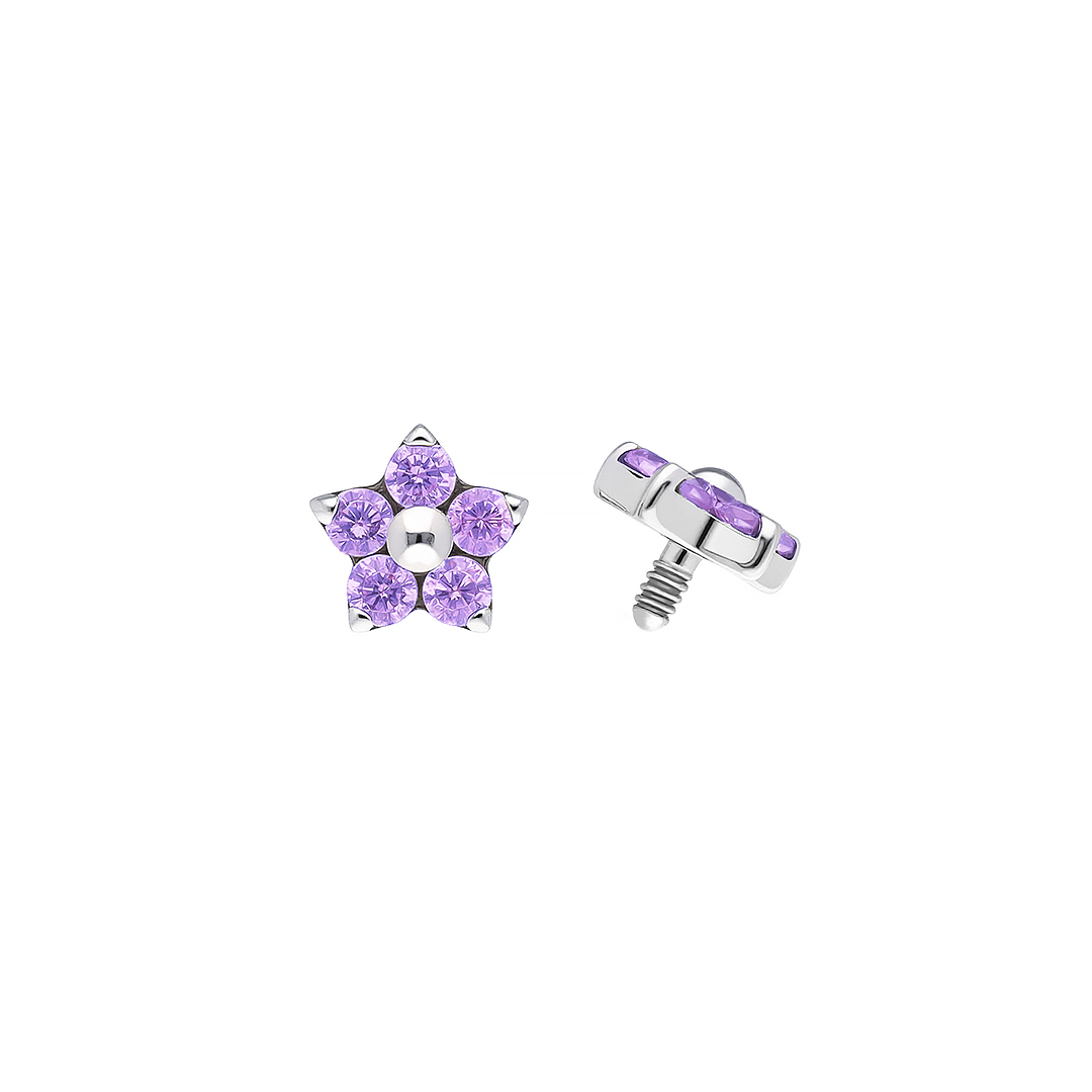 Lori - Amethyst titanium F-136 threaded top, front and side view