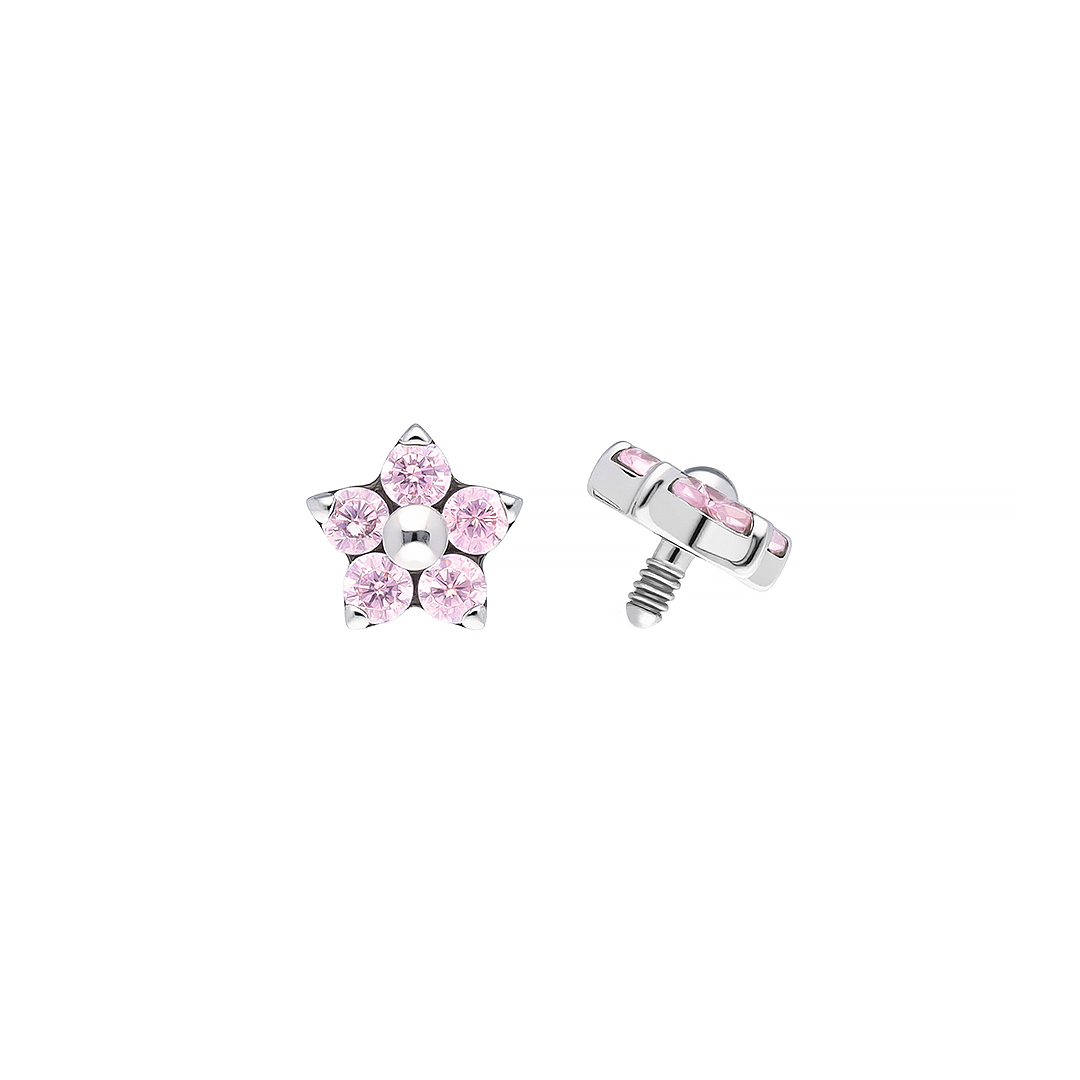 Lori - Pink titanium F-136 threaded top, front and side view