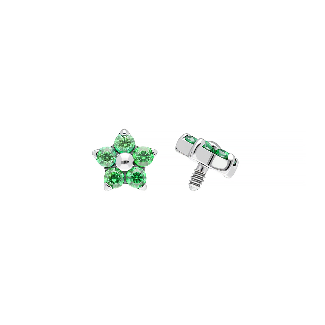 Lori - Emerald titanium F-136 threaded top, front and side view