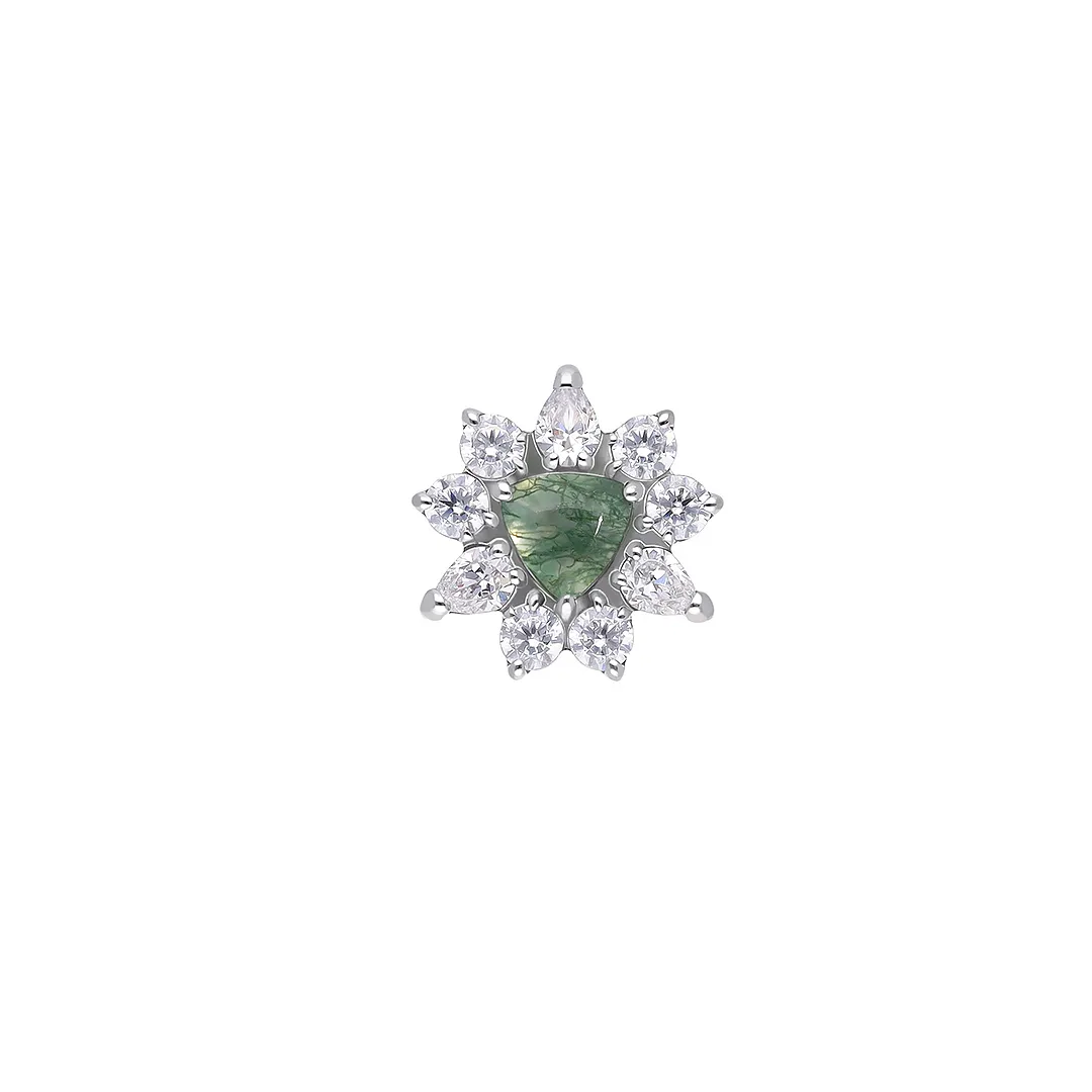 Tasya - Moss Agate titanium F-136 threaded top, front and side view