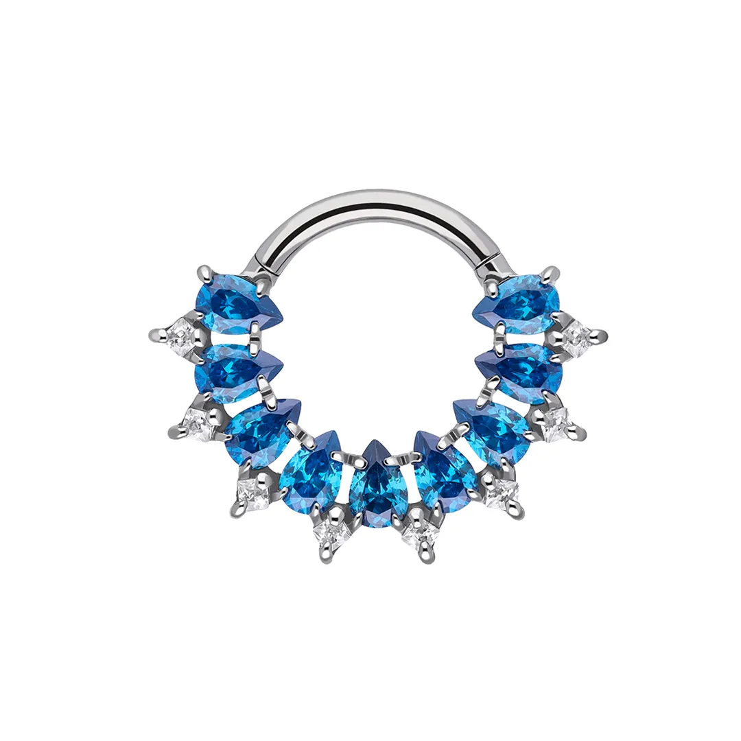 Anya - Topaz Blue CZ titanium F-136 hinged ring, front and side view