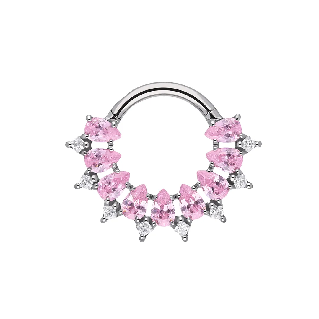 Anya - Pink CZ titanium F-136 hinged ring, front and side view