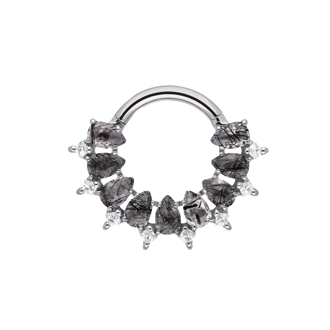 Anya - Tourmalinated Quartz titanium F-136 hinged ring, front and side view