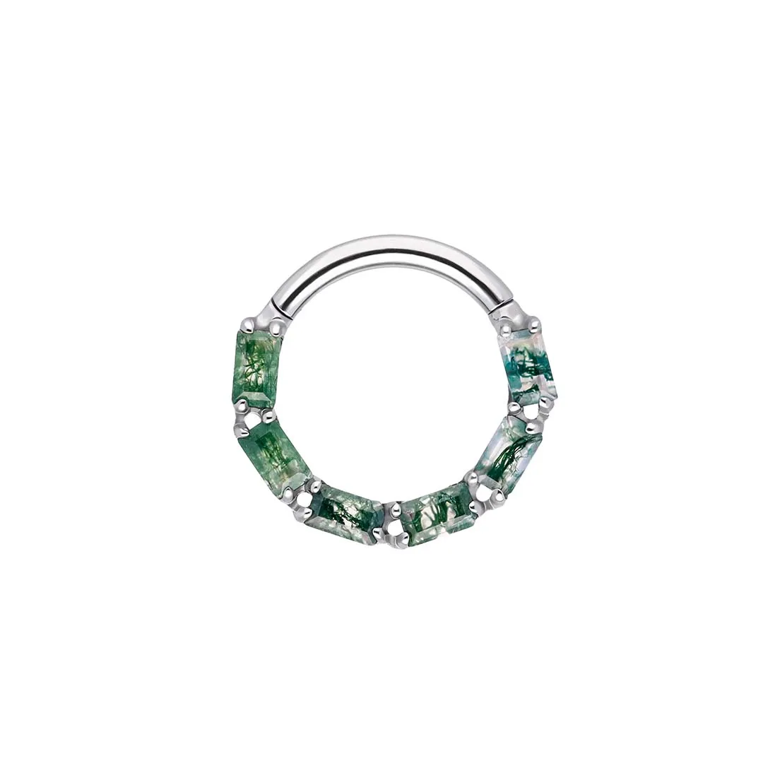 Jill - Moss Agate titanium F-136 hinged ring, front and side view