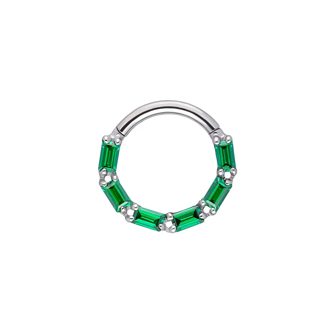 Jill - Emerald CZ titanium F-136 hinged ring, front and side view