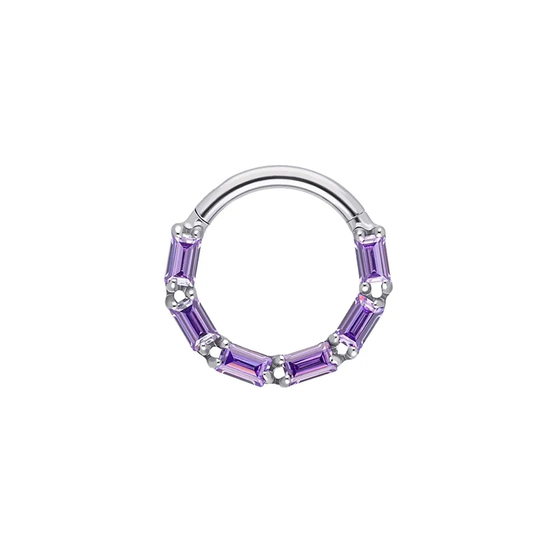 Jill - Amethyst CZ titanium F-136 hinged ring, front and side view
