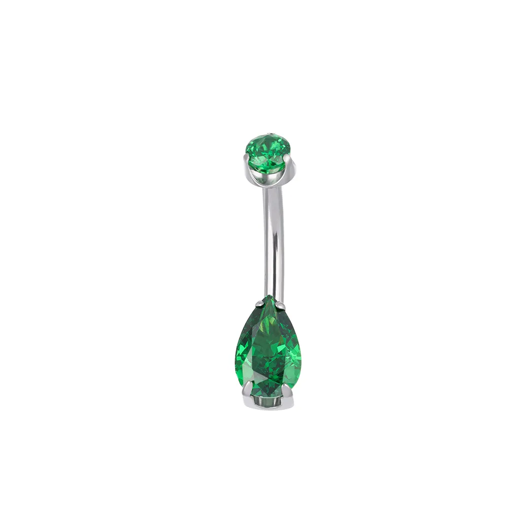 Elyra - Ice Cut - Green titanium F-136 belly bar, front and side view