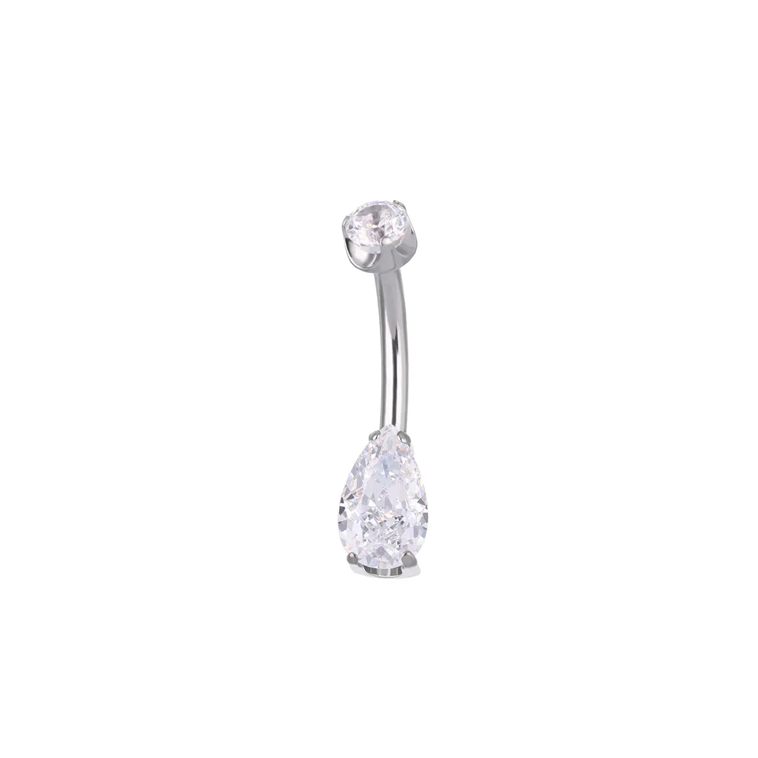 Elyra - Ice Cut - White titanium F-136 belly bar, front and side view