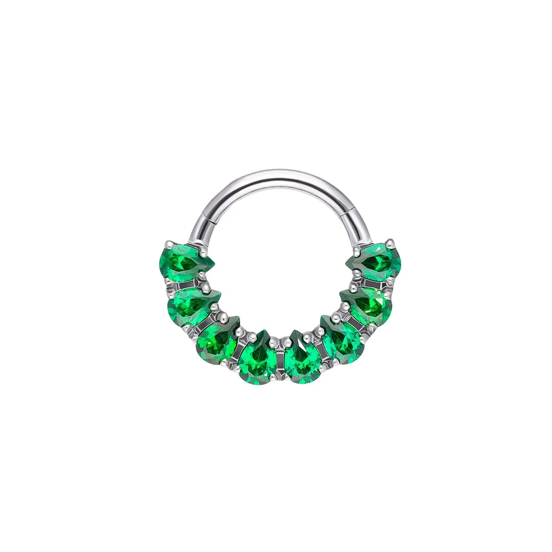 Celestia - Emerald CZ titanium F-136 hinged ring, front and side view