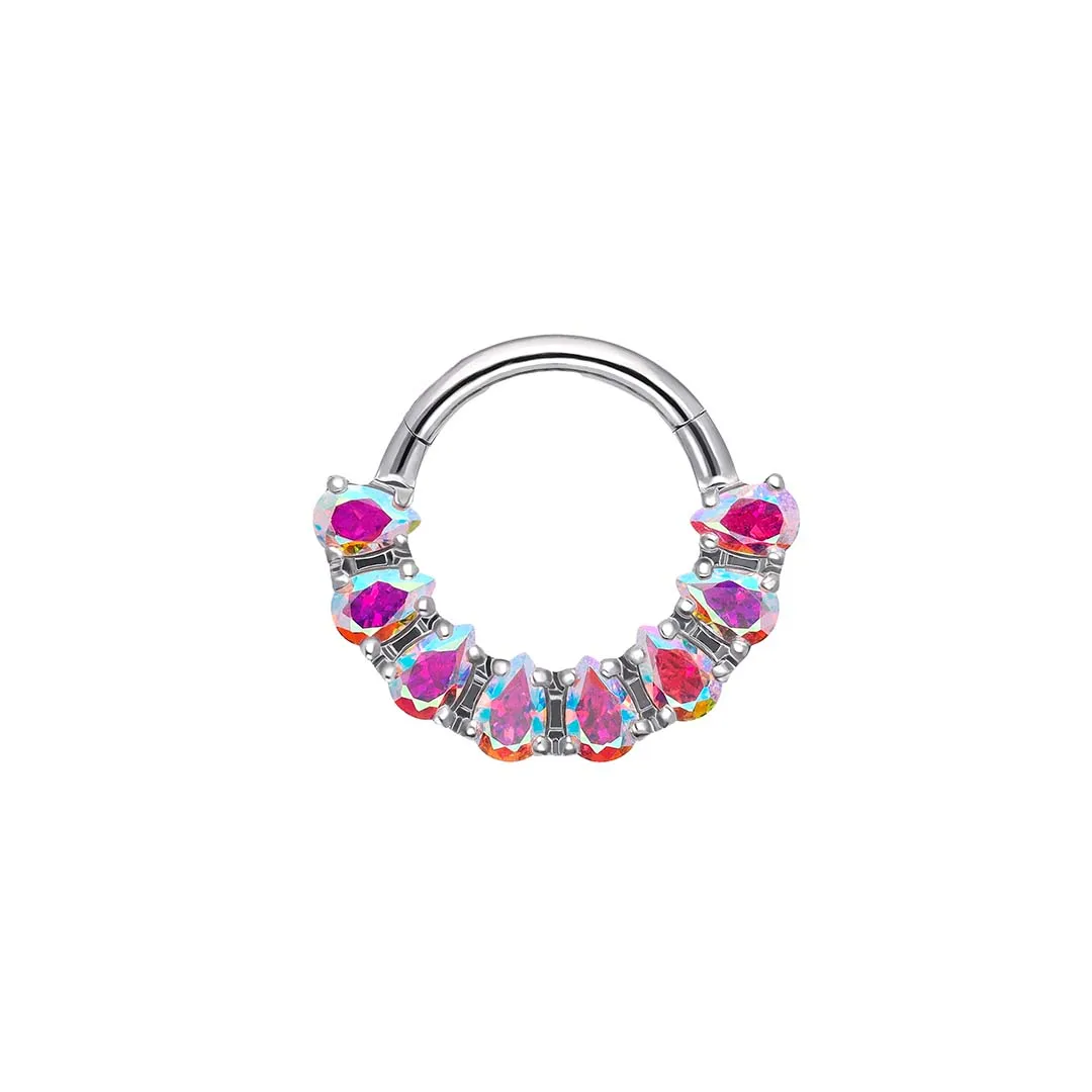 Celestia - Aurora Borealis CZ titanium F-136 hinged ring, front and side view