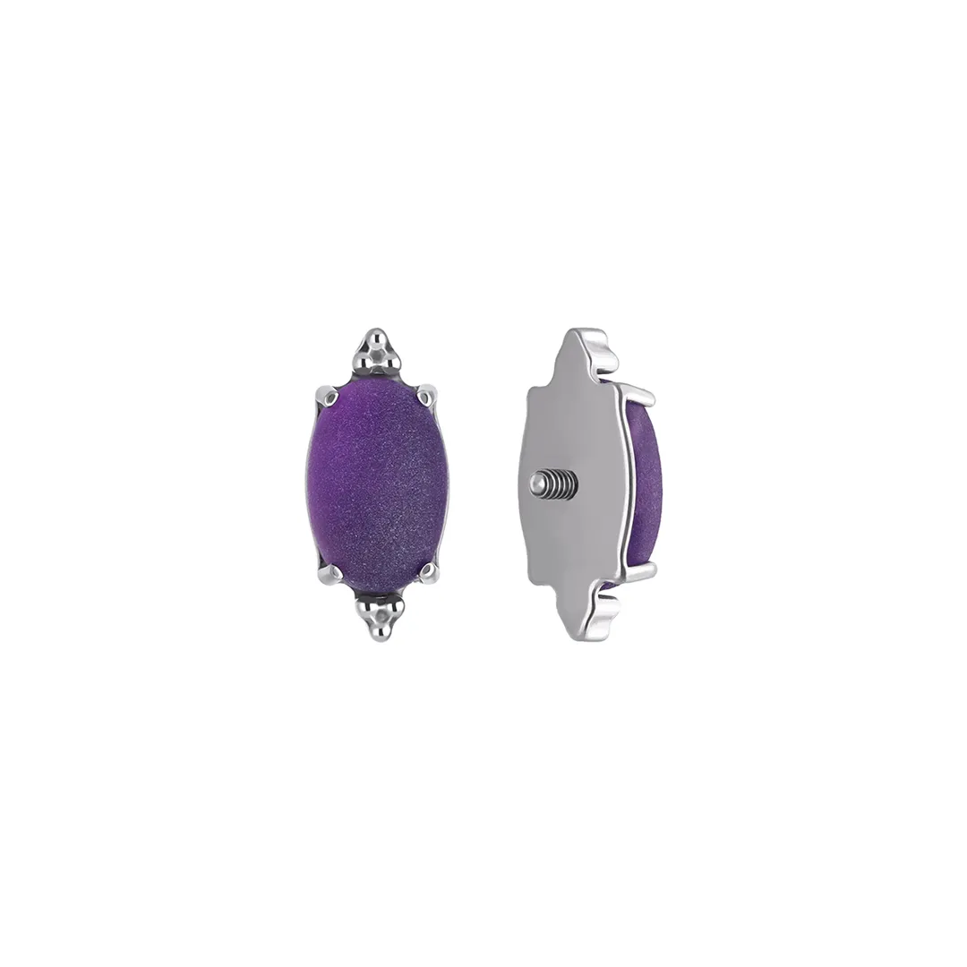 Nola Sandblasted Amethyst titanium F-136 internally threaded top, oval cabochon, front and side view