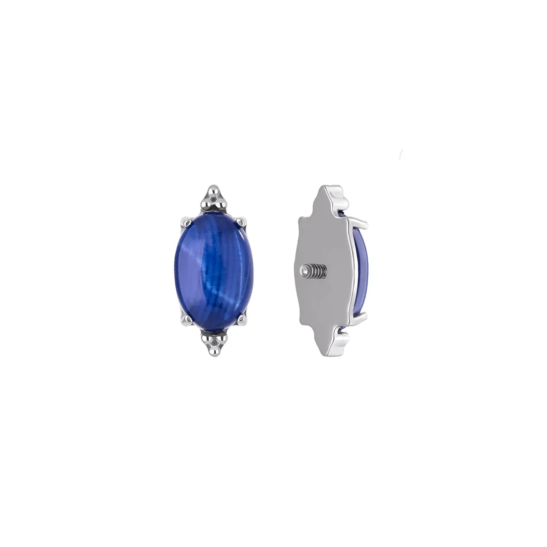 Nola Blue Sapphire titanium F-136 internally threaded top, oval cabochon, front and side view