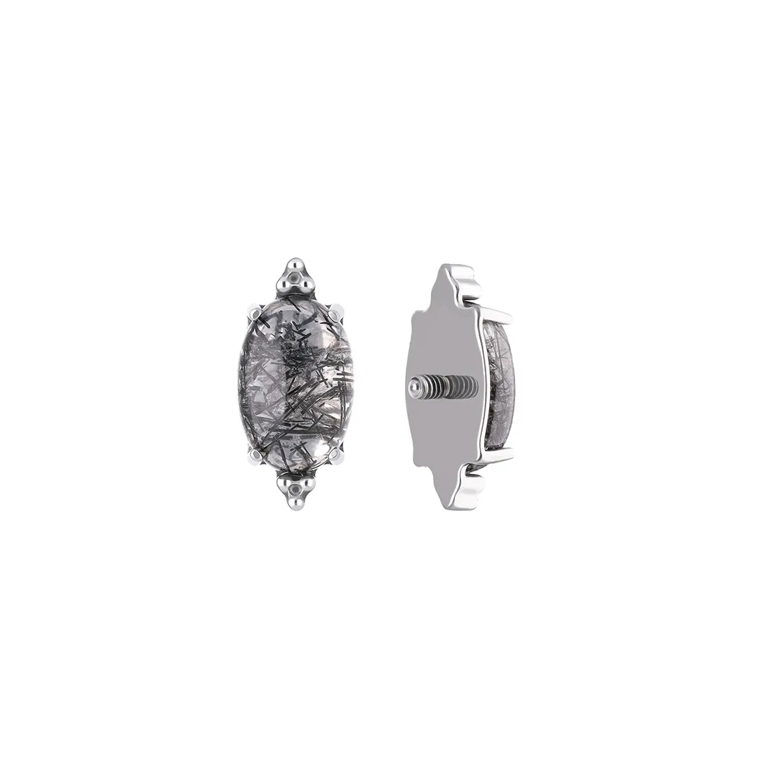 Nola Tourmalinated Quartz titanium F-136 internally threaded top, oval cabochon, front and side view