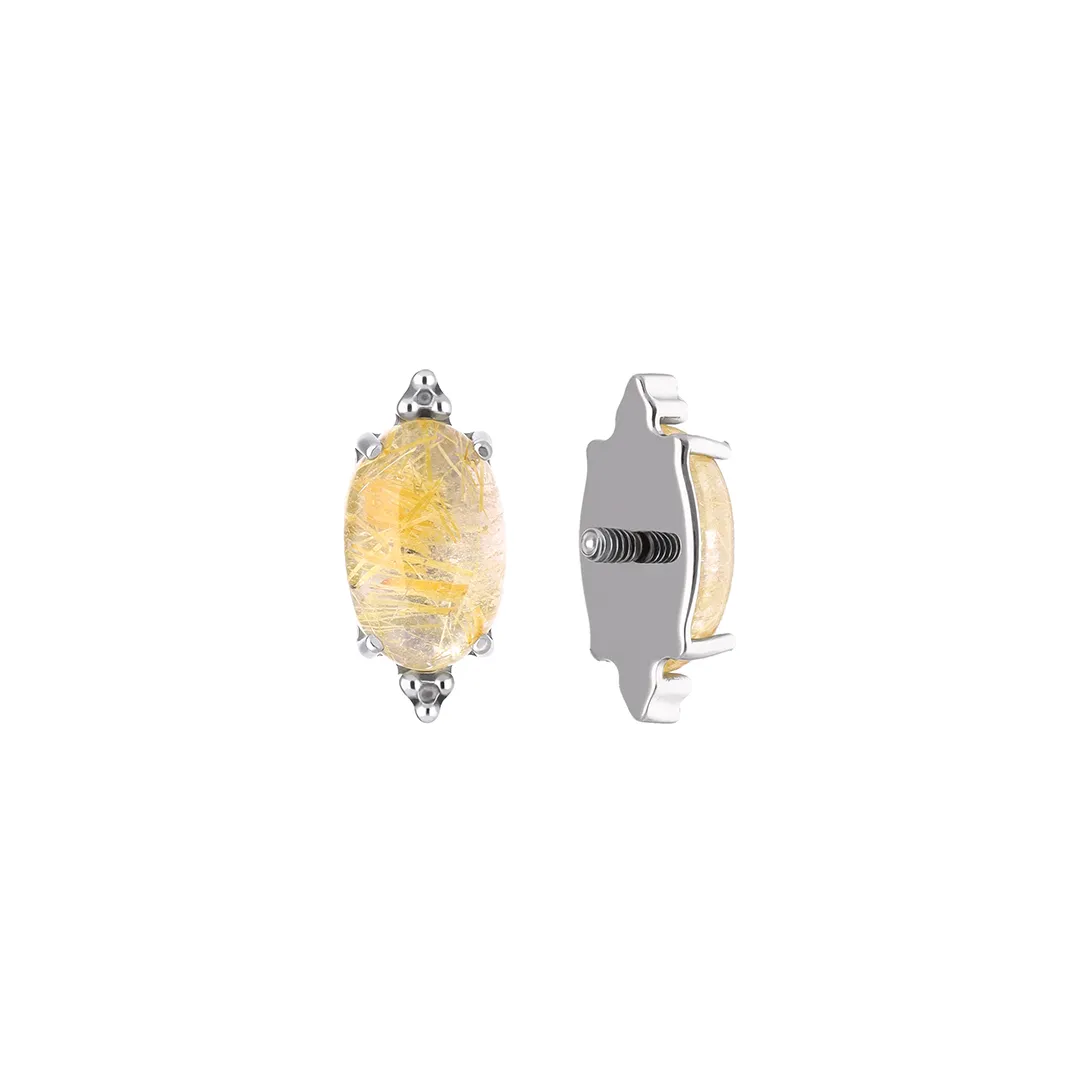 Nola Rutilated Quartz titanium F-136 internally threaded top, oval cabochon, front and side view
