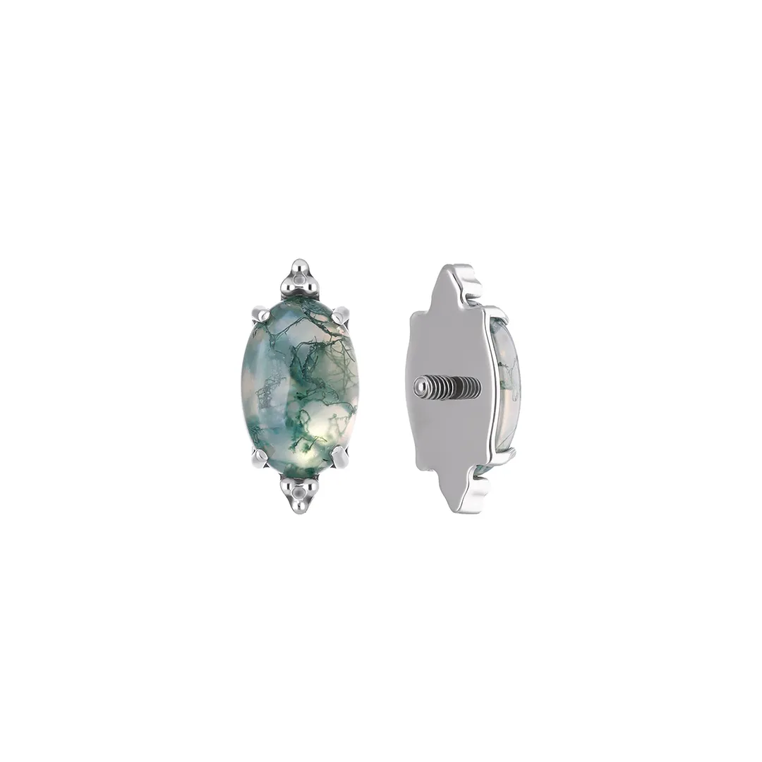Nola Moss Agate titanium F-136 internally threaded top, oval cabochon, front and side view