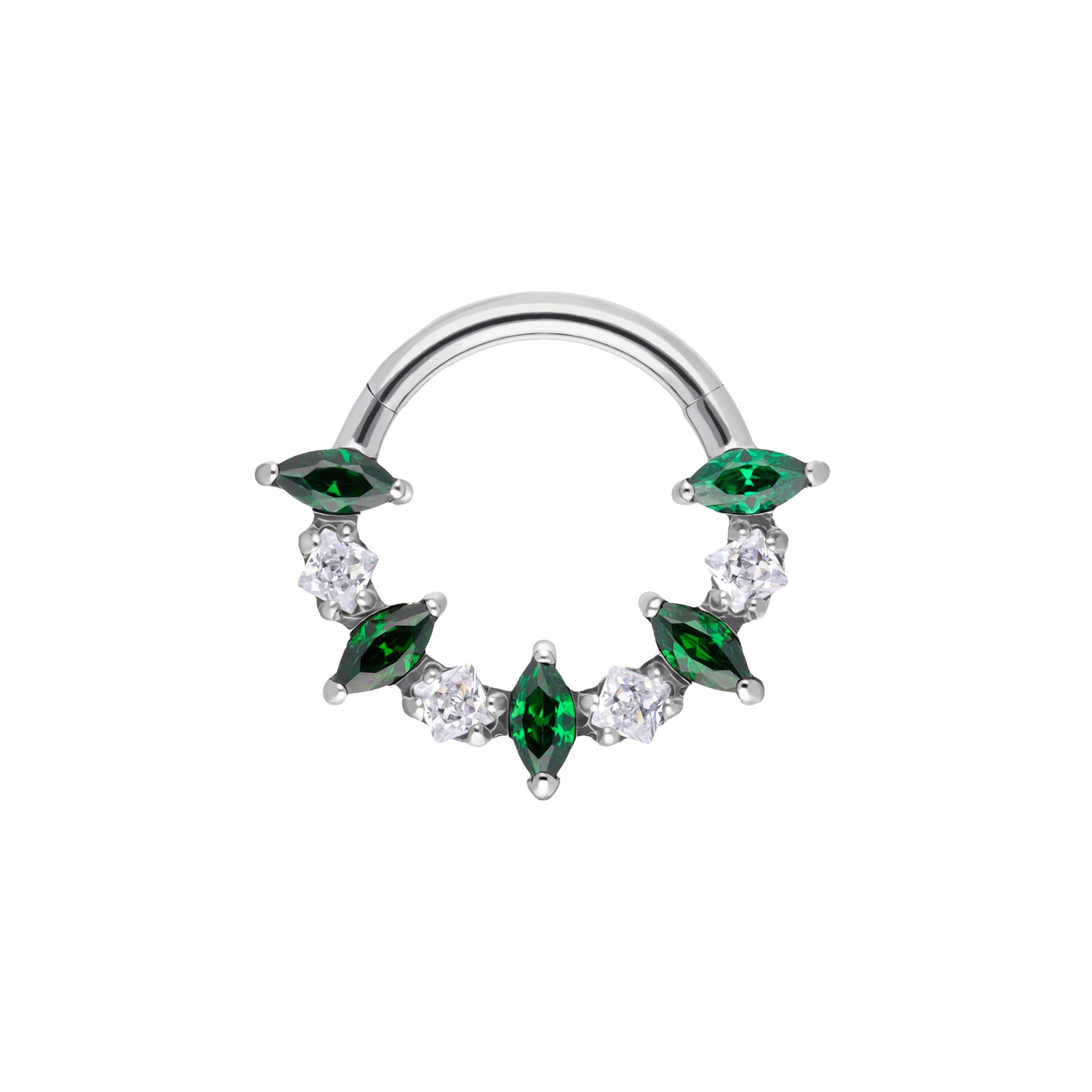 Victoria Emerald + White titanium F-136 16G hinged ring with marquise CZ