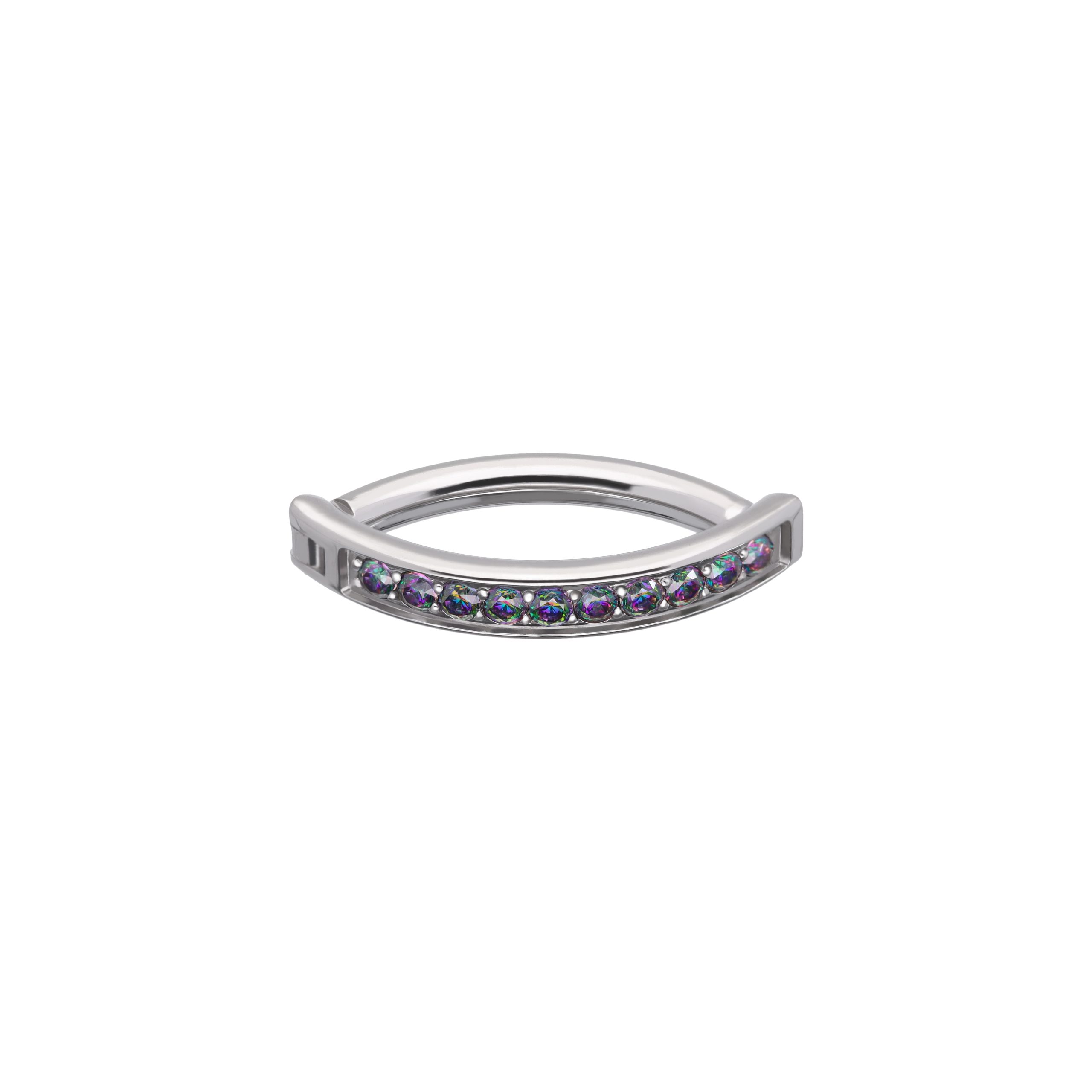 Adara Vitrial titanium F-136 clicker belly ring, front and side view