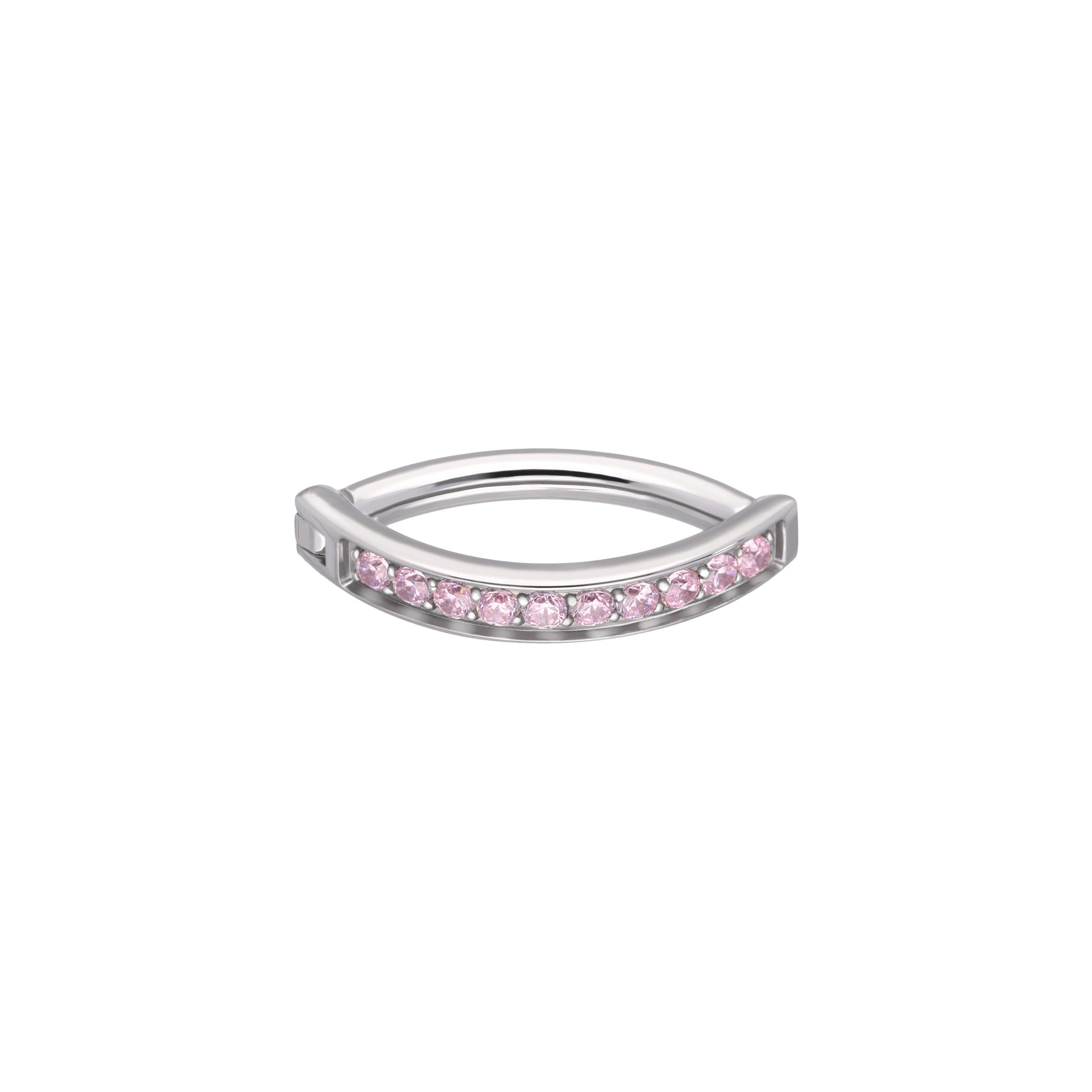 Adara Pink titanium F-136 clicker belly ring, front and side view