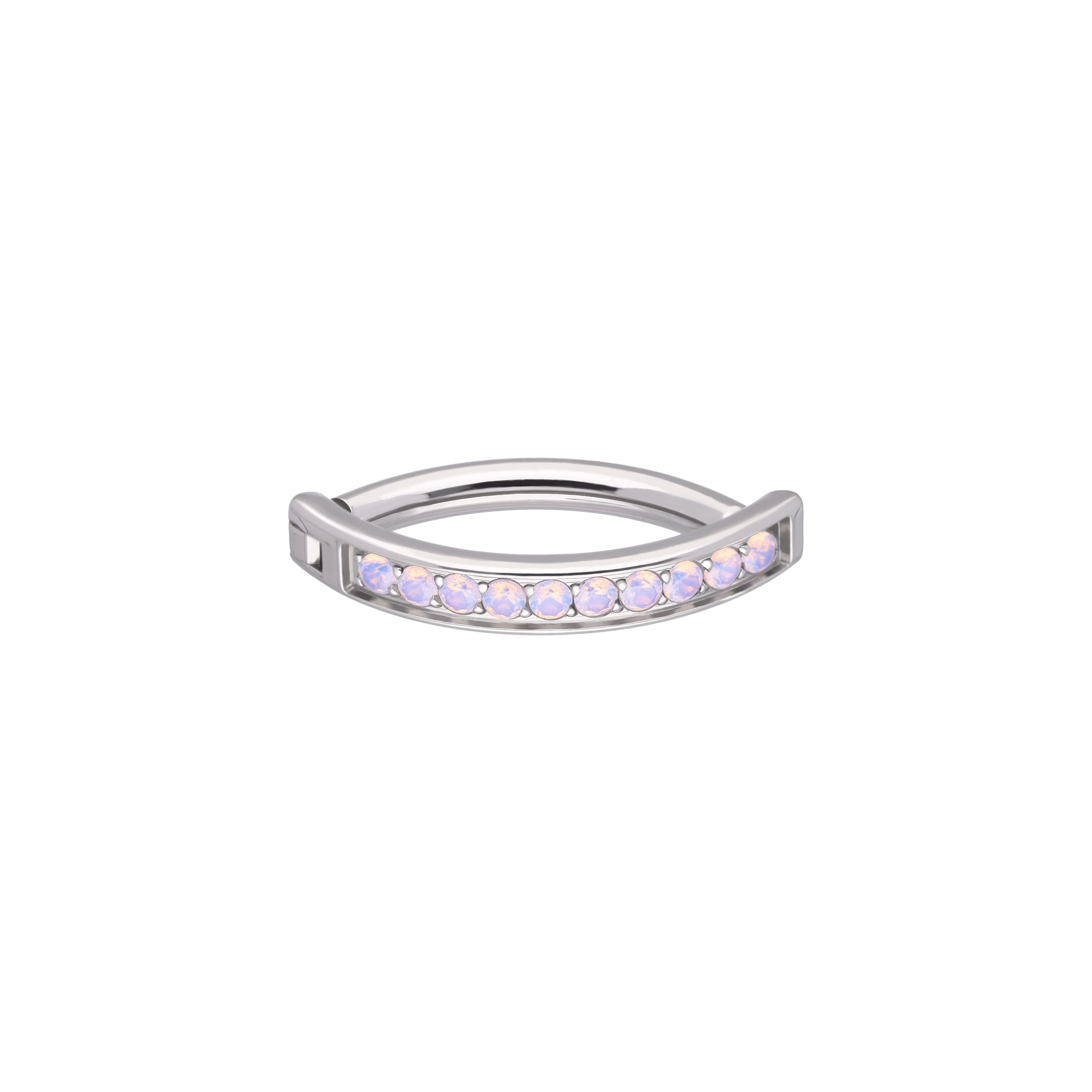 Adara Light Peony titanium F-136 clicker belly ring, front and side view