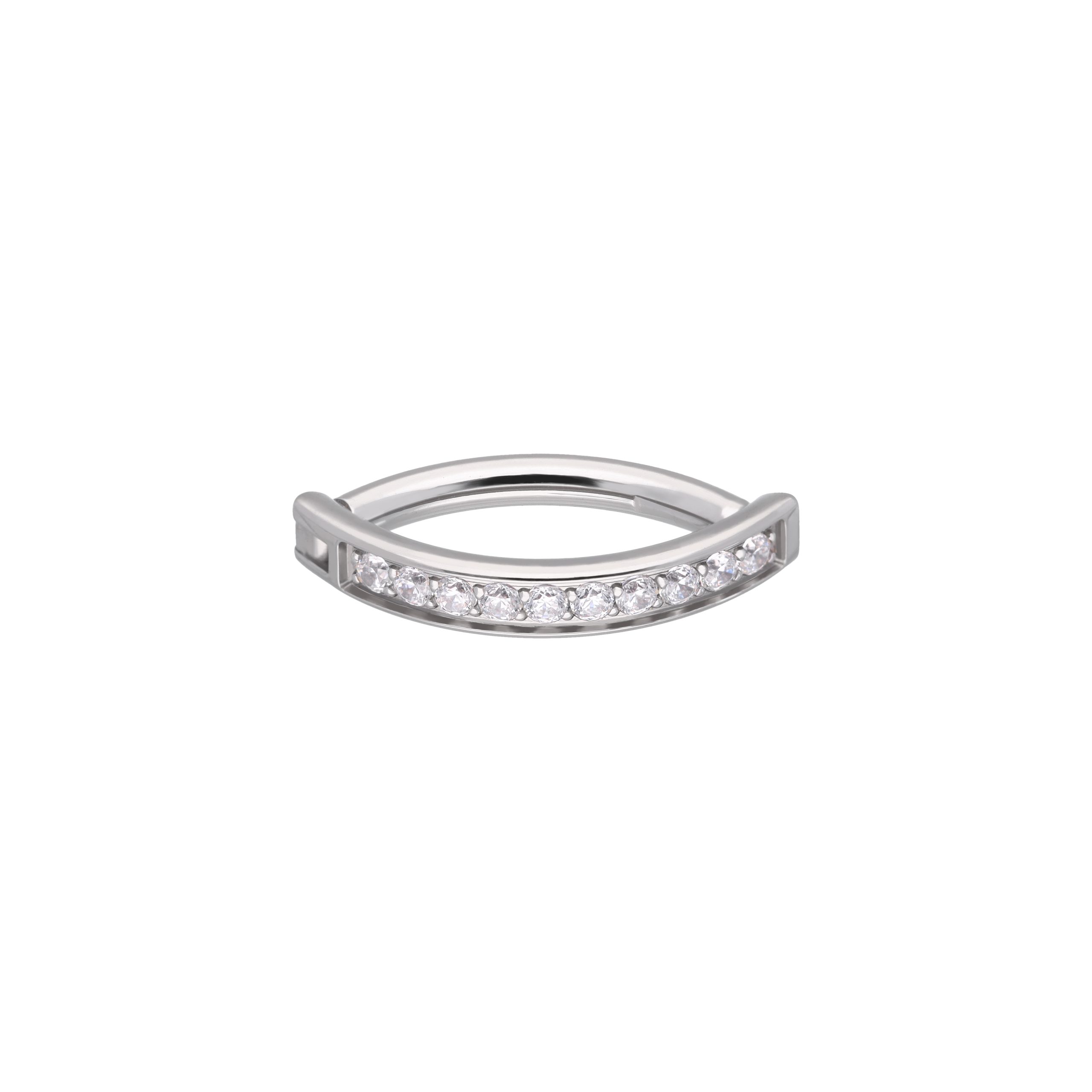 Adara White titanium F-136 clicker belly ring, front and side view