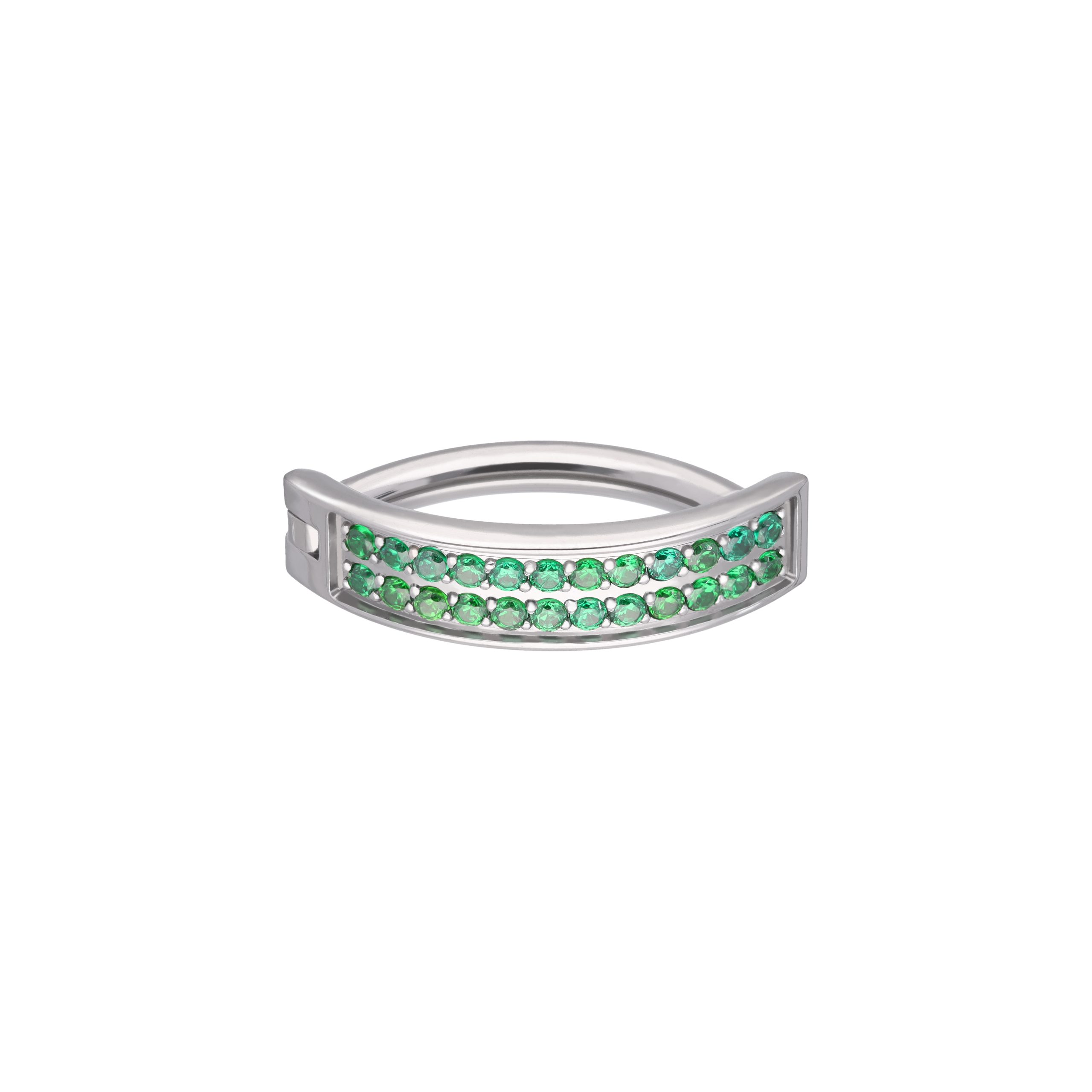 Lenore Emerald titanium F-136 clicker belly ring, front and side view