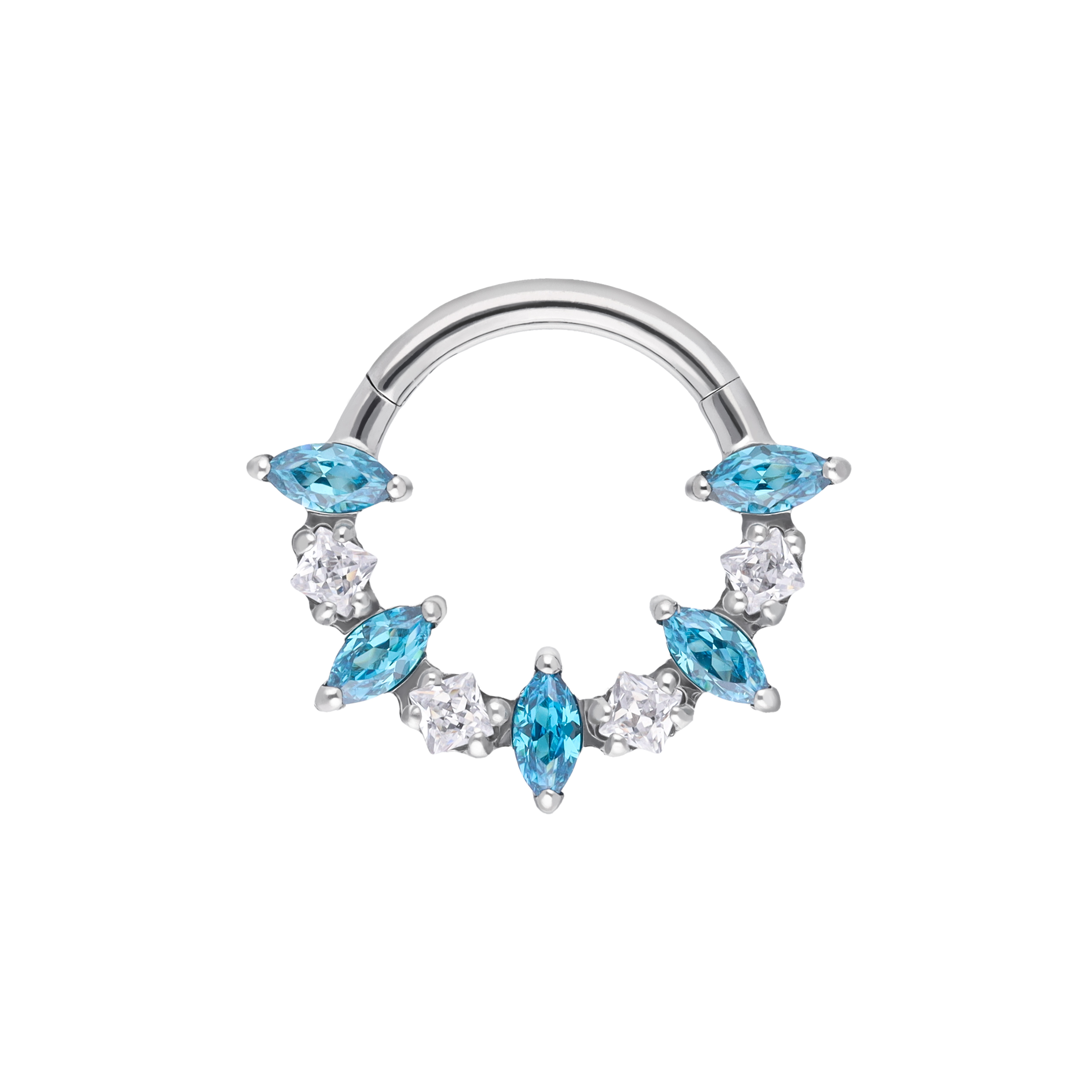 Victoria Aqua Blue + White titanium F-136 16G hinged ring with marquise CZ