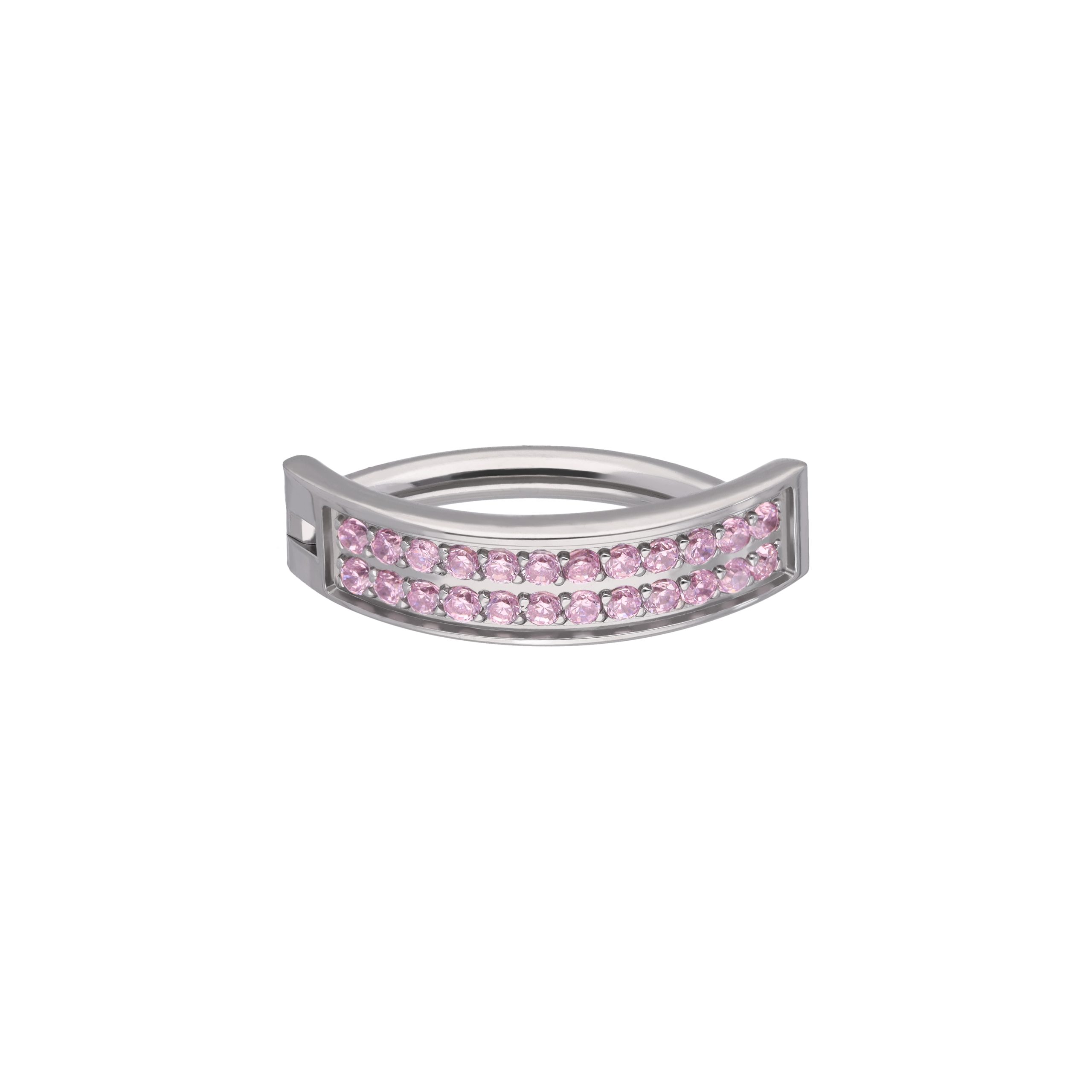 Lenore Pink titanium F-136 clicker belly ring, front and side view