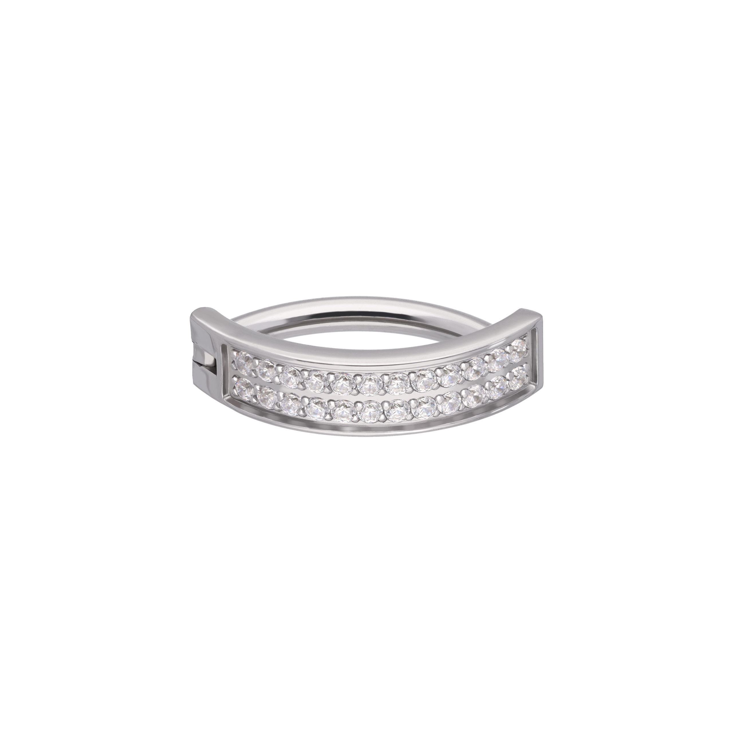 Lenore White CZ titanium F-136 clicker belly ring, front and side view