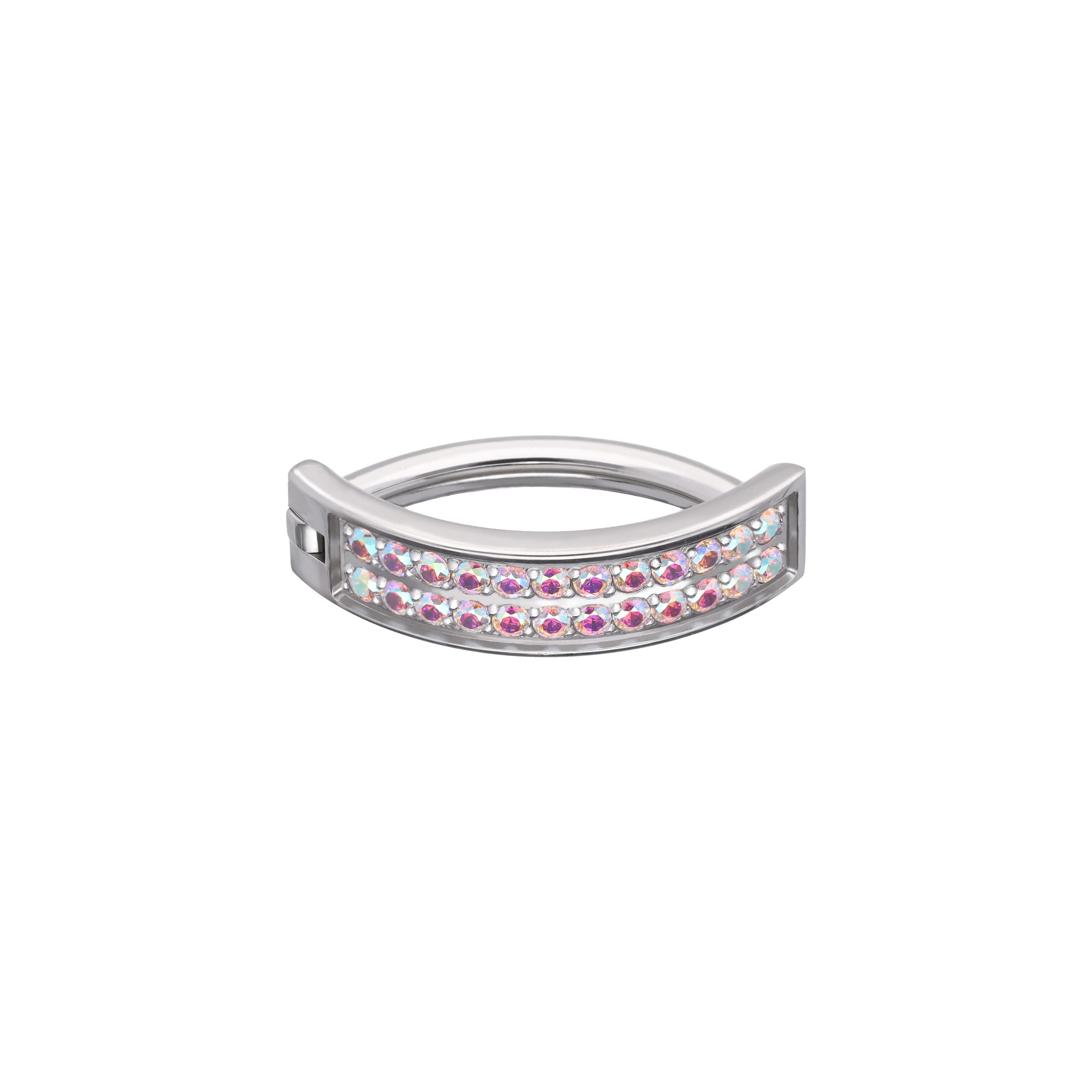 Lenore Aurora Borealis (AB) titanium F-136 clicker belly ring, front and side view