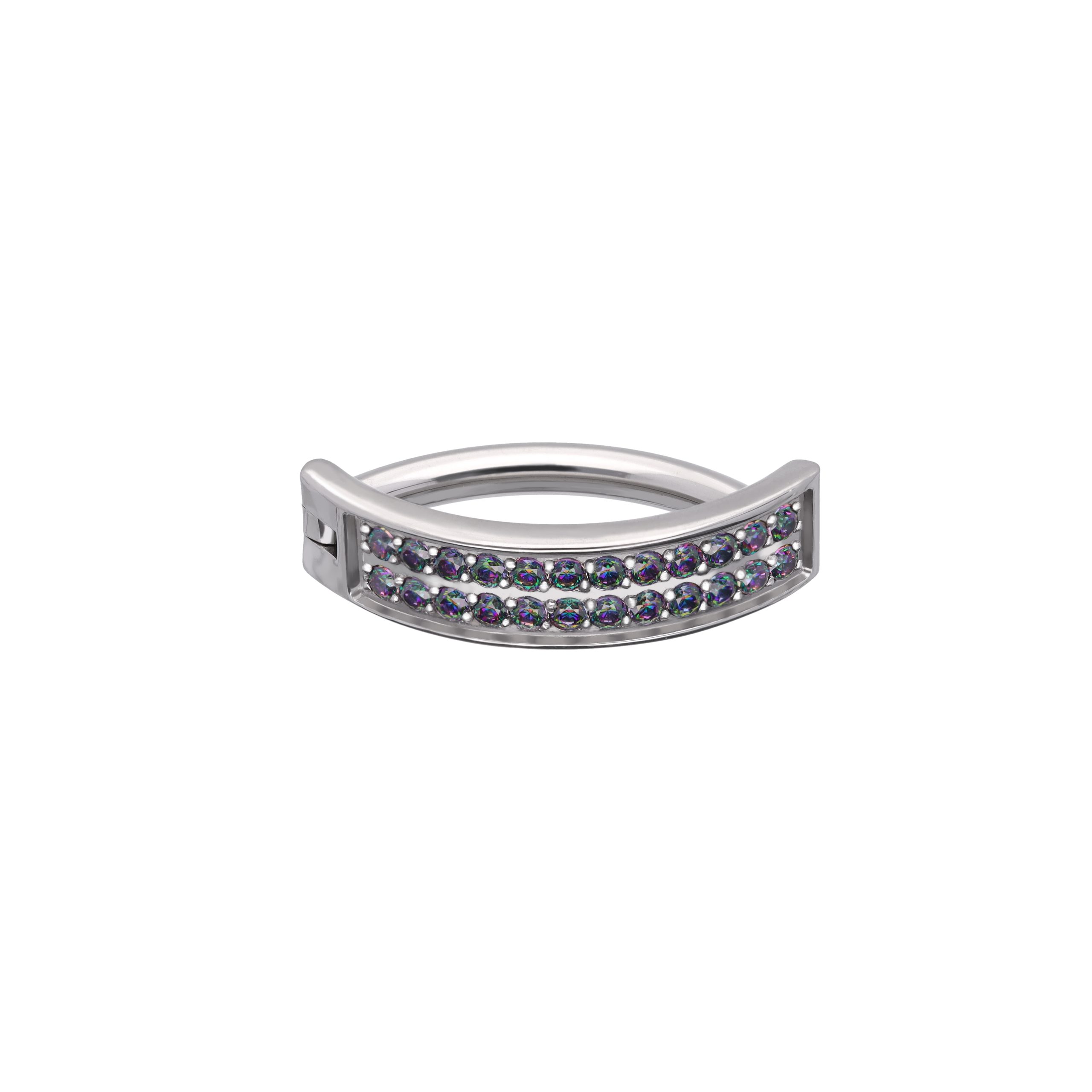Lenore Vitrial titanium F-136 clicker belly ring, front and side view