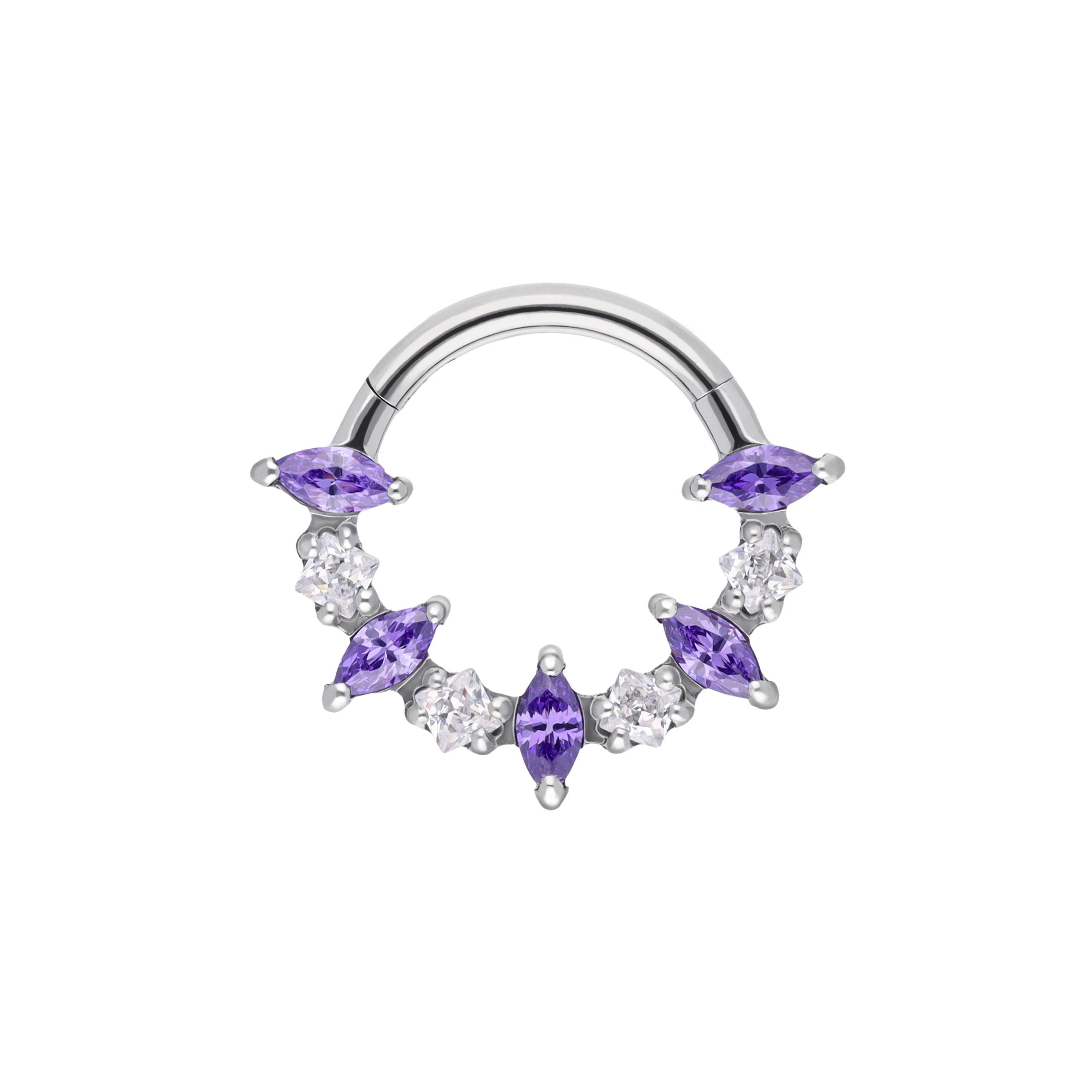 Victoria Amethyst + White titanium F-136 16G hinged ring with marquise CZ