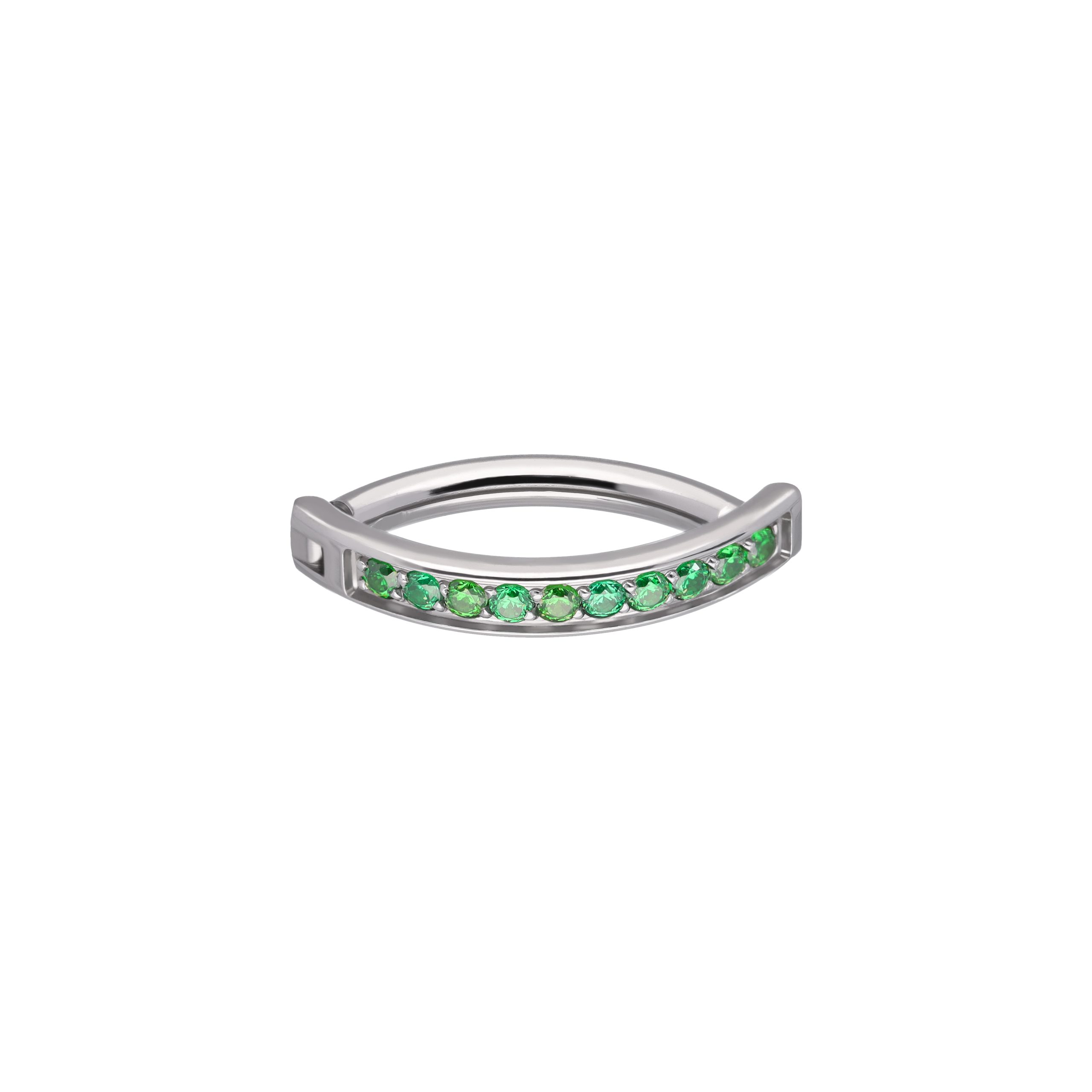 Adara Emerald titanium F-136 clicker belly ring, front and side view