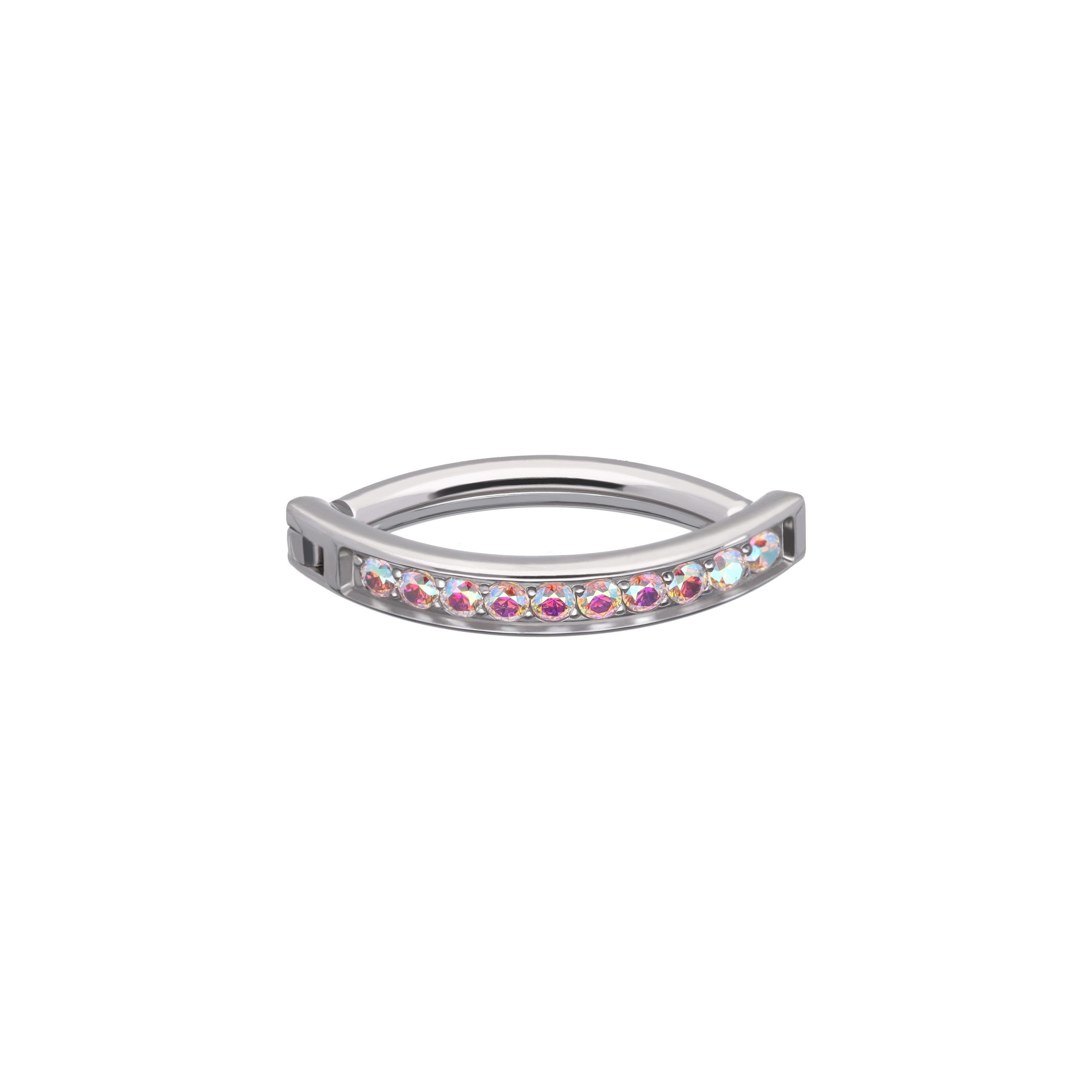 Adara Aurora Borealis (AB) titanium F-136 clicker belly ring, front and side view