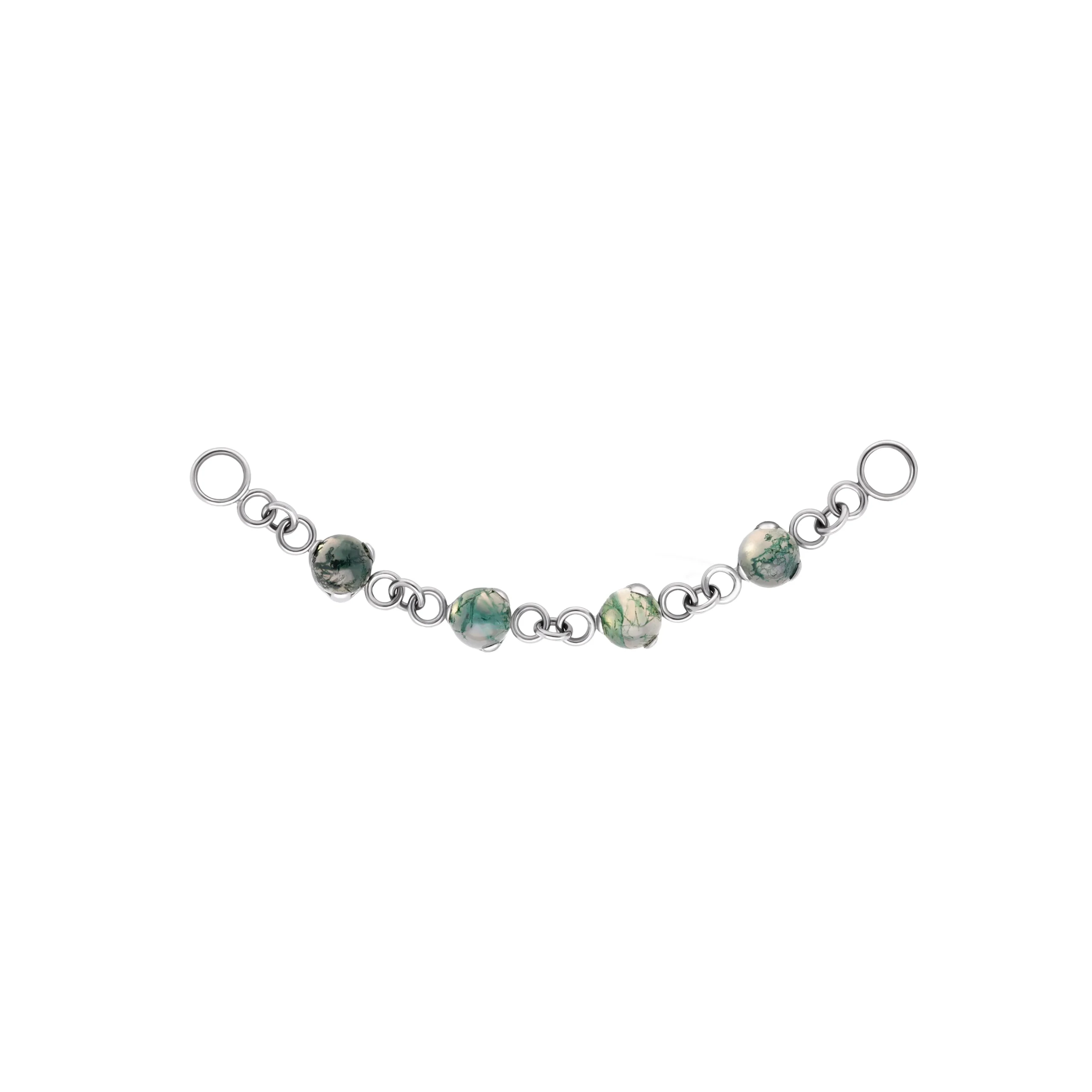 Nerina titanium piercing chain with natural moss agate stones on white background