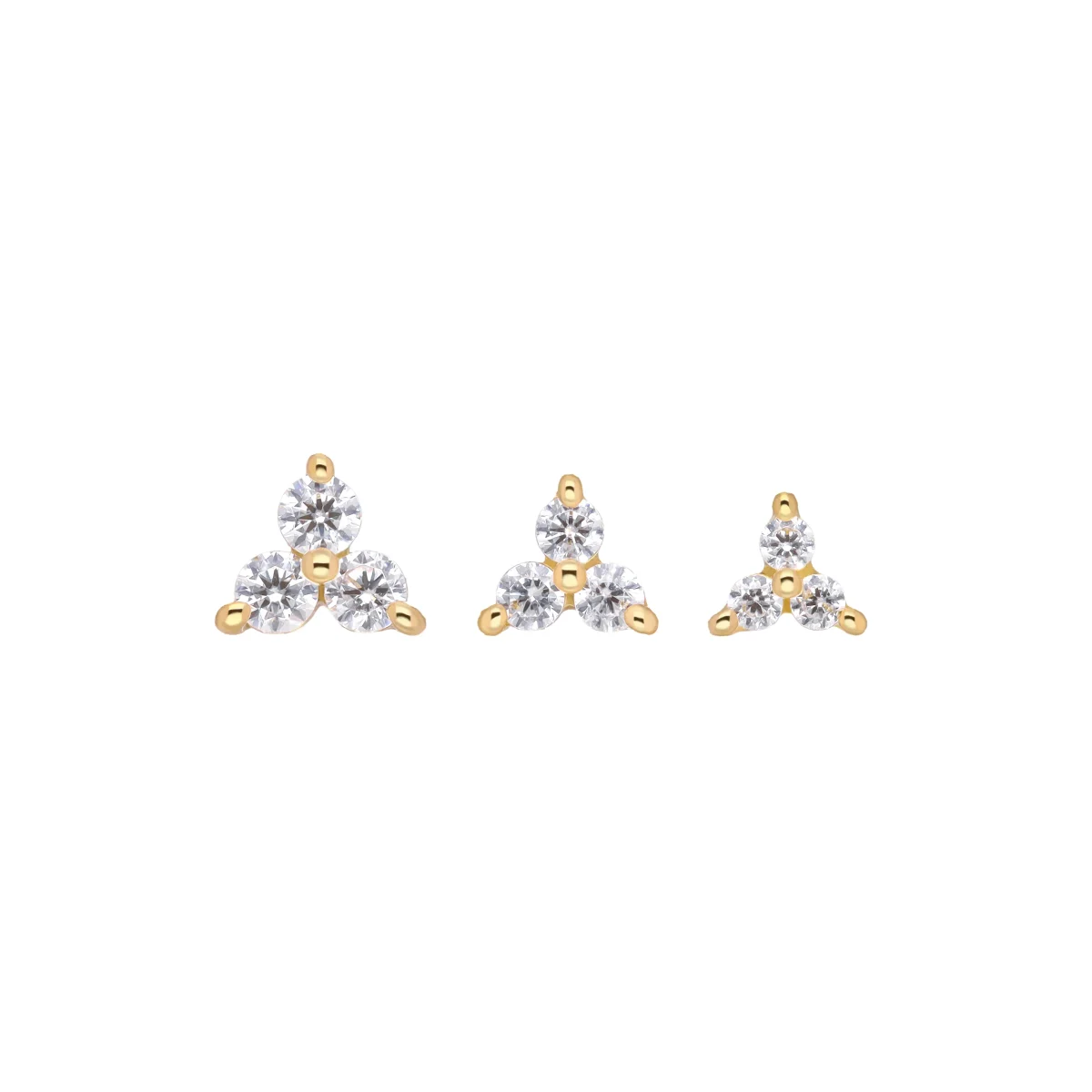 Trinity 18K yellow gold threadless top with three white moissanites in Big, Medium and Small sizes
