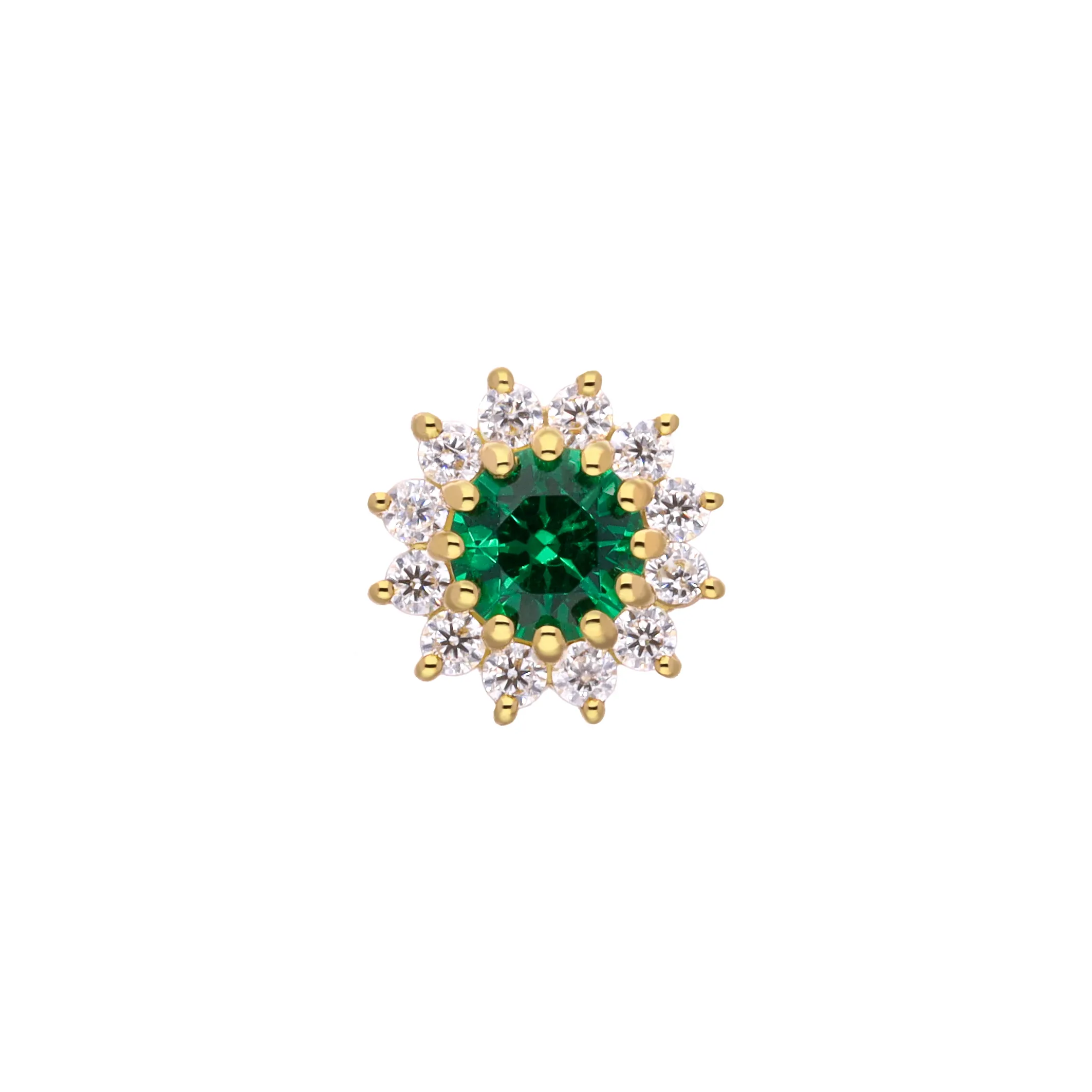 Rhea Small 18K yellow gold threadless top with lab emerald and white SW halo