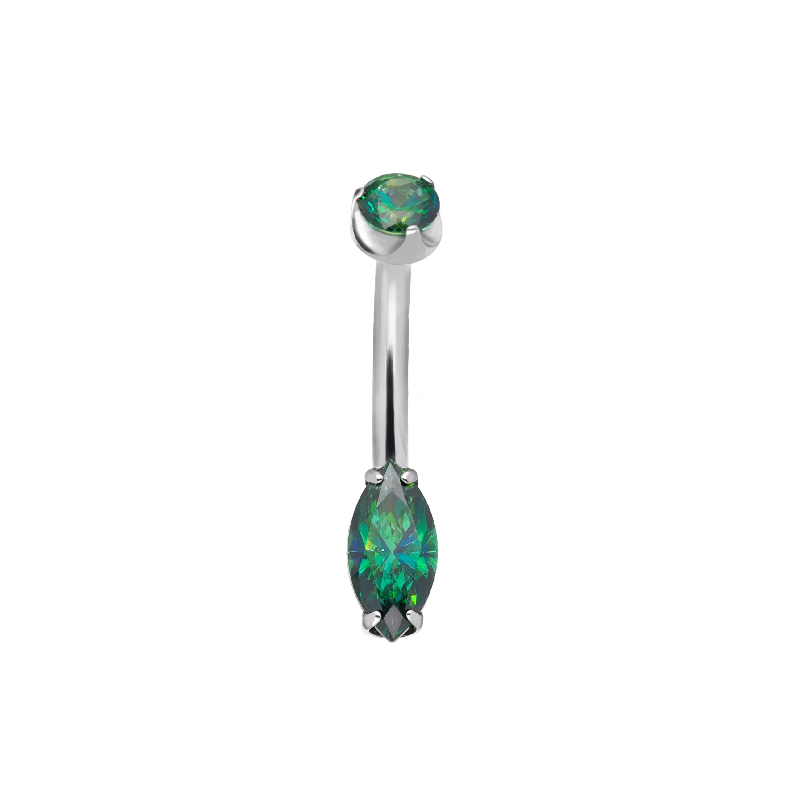 Vespera Green titanium F-136 curved belly barbell with marquise SW zirconia, front view