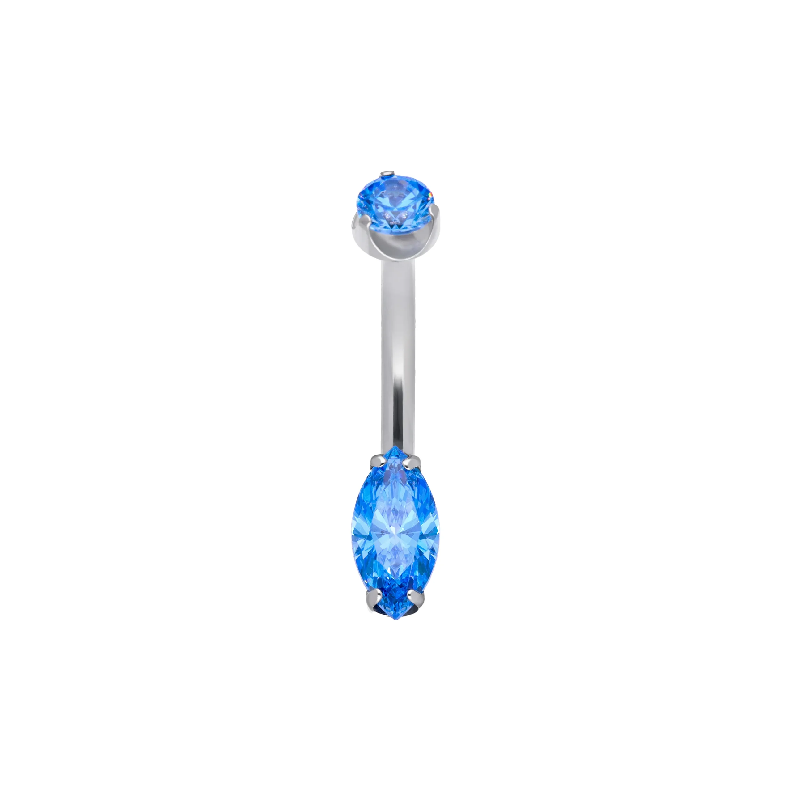 Vespera Arctic Blue titanium F-136 curved belly barbell with marquise SW zirconia, front view