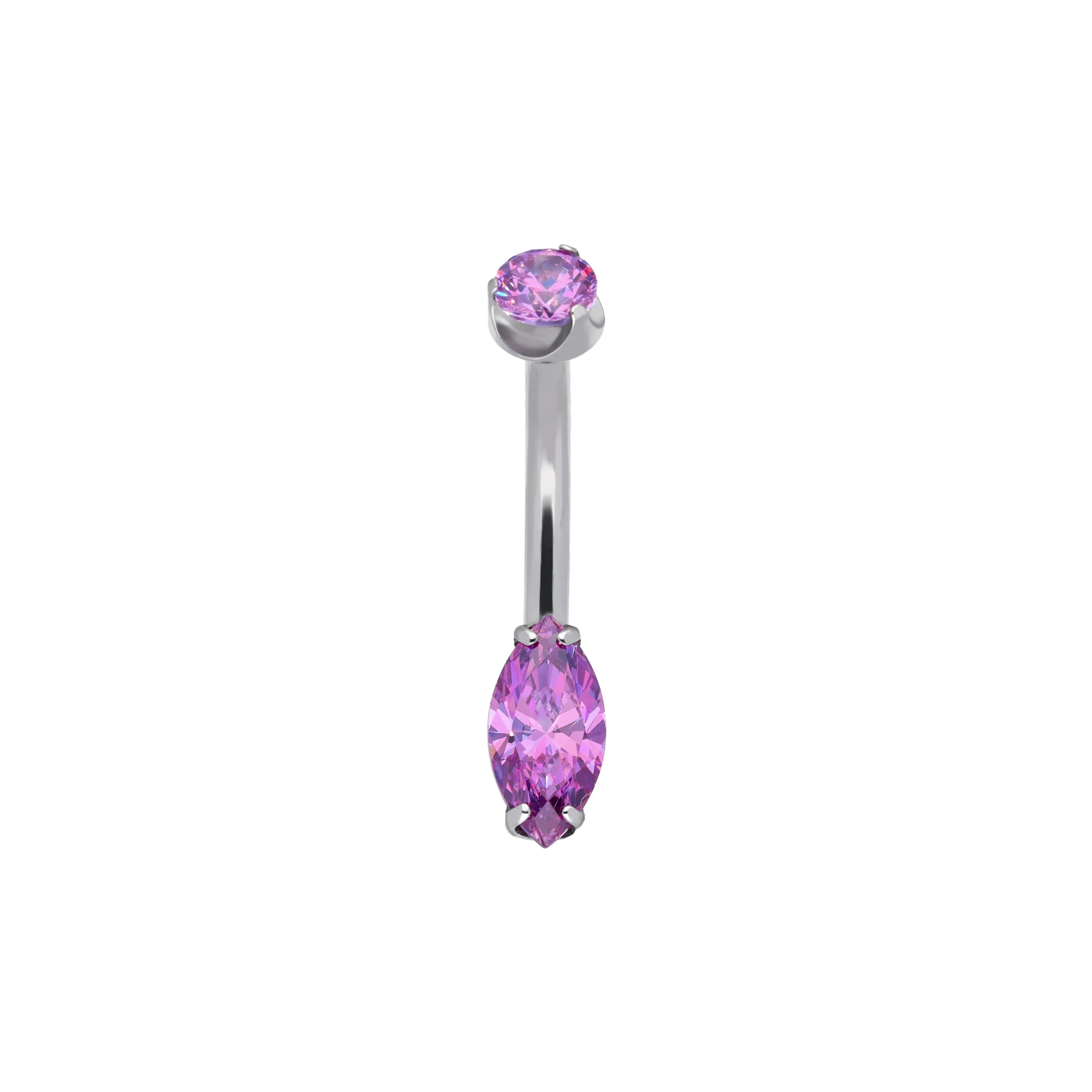 Vespera Fancy Purple titanium F-136 curved belly barbell with marquise SW zirconia, front view