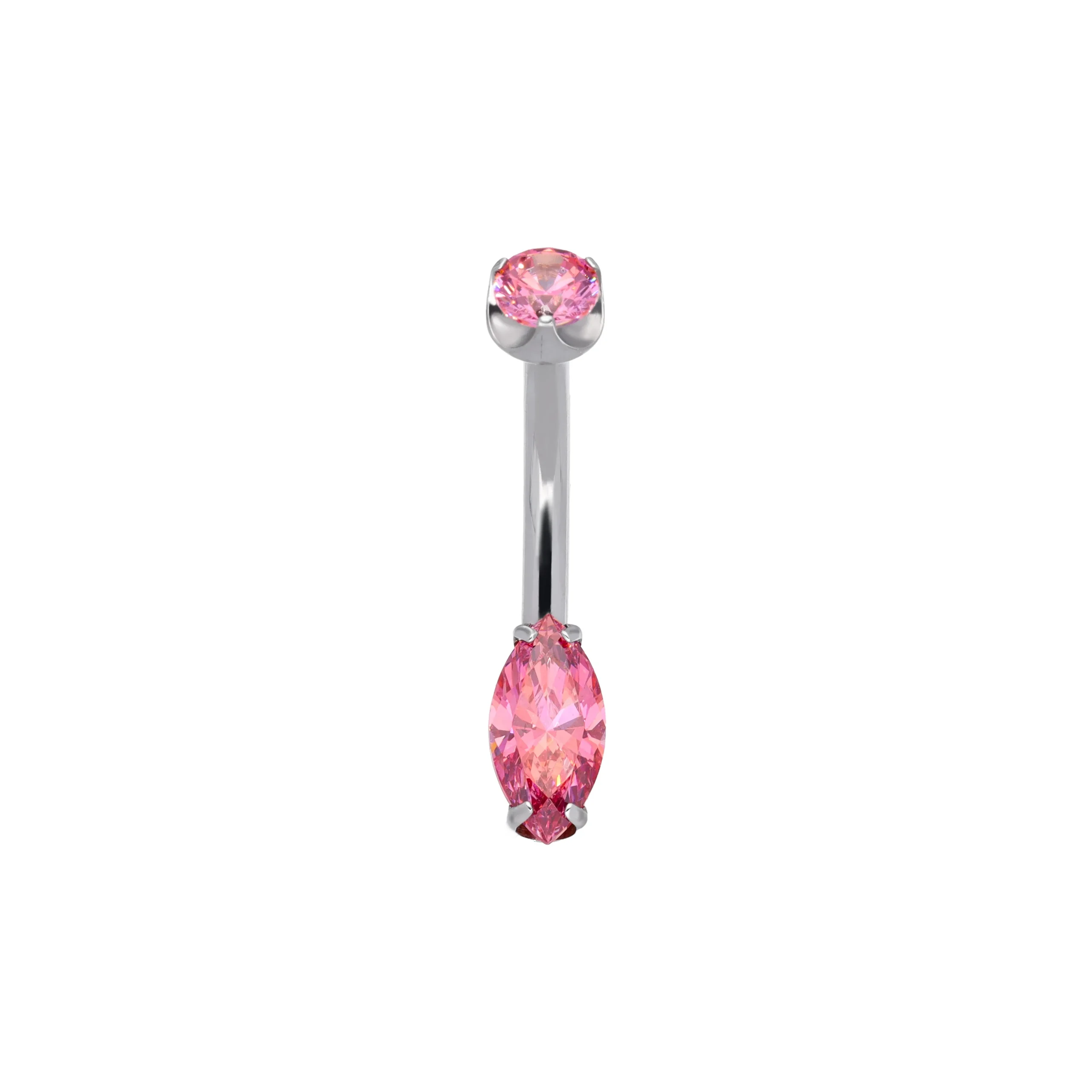 Vespera Fancy Pink titanium F-136 curved belly barbell with marquise SW zirconia, front view