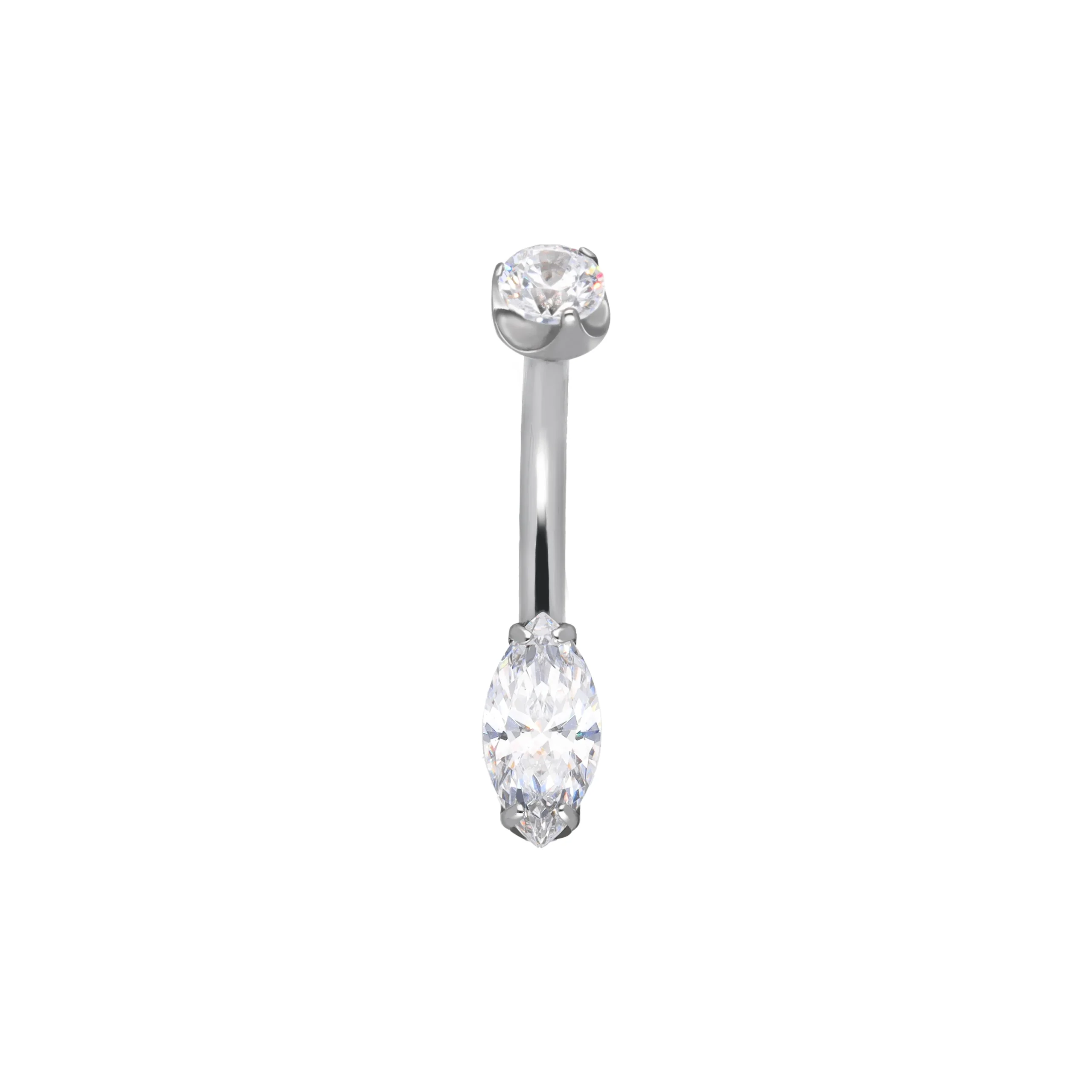 Vespera White titanium F-136 curved belly barbell with marquise SW zirconia, front view