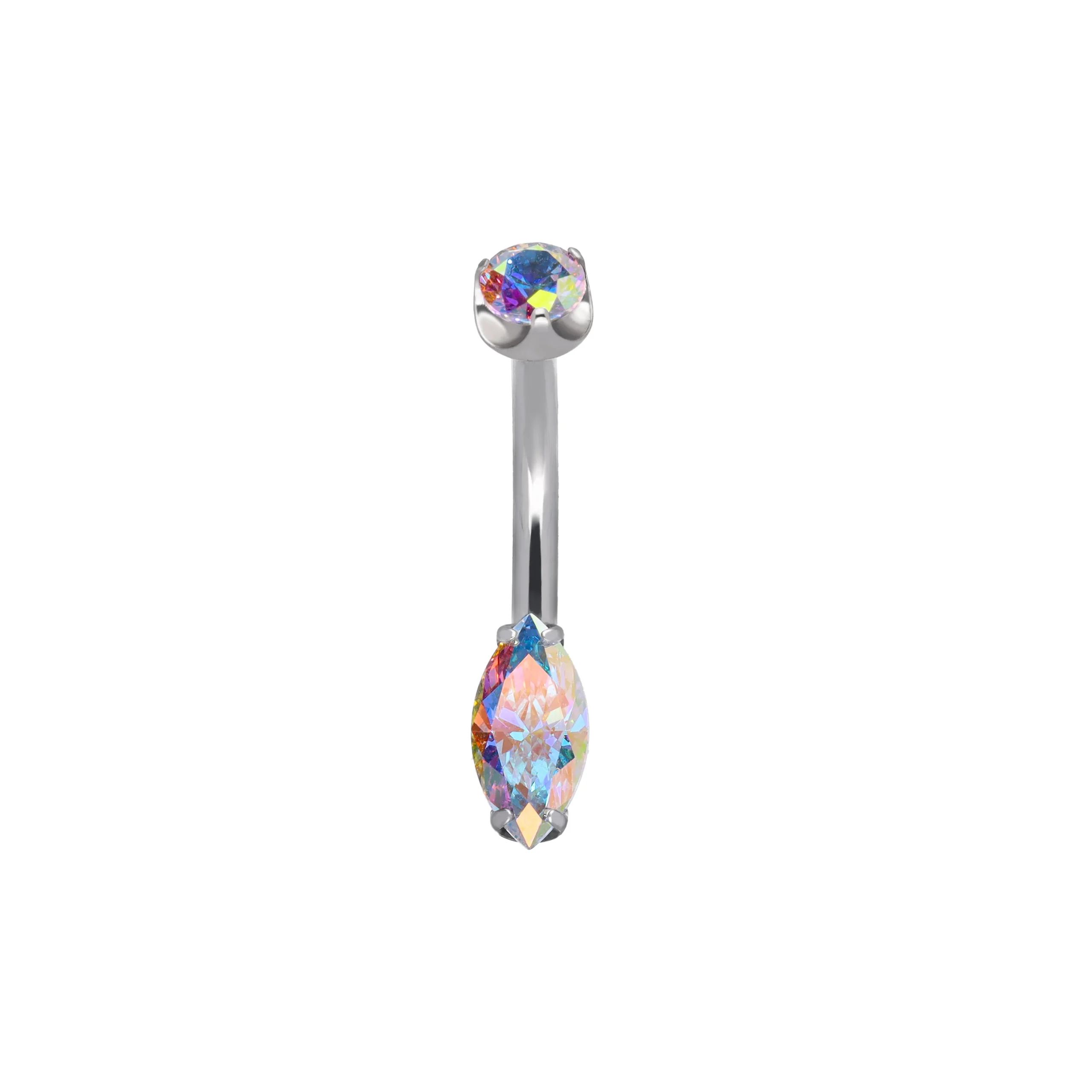 Vespera Aurora Borealis (AB) titanium F-136 curved belly barbell with marquise SW zirconia, front view